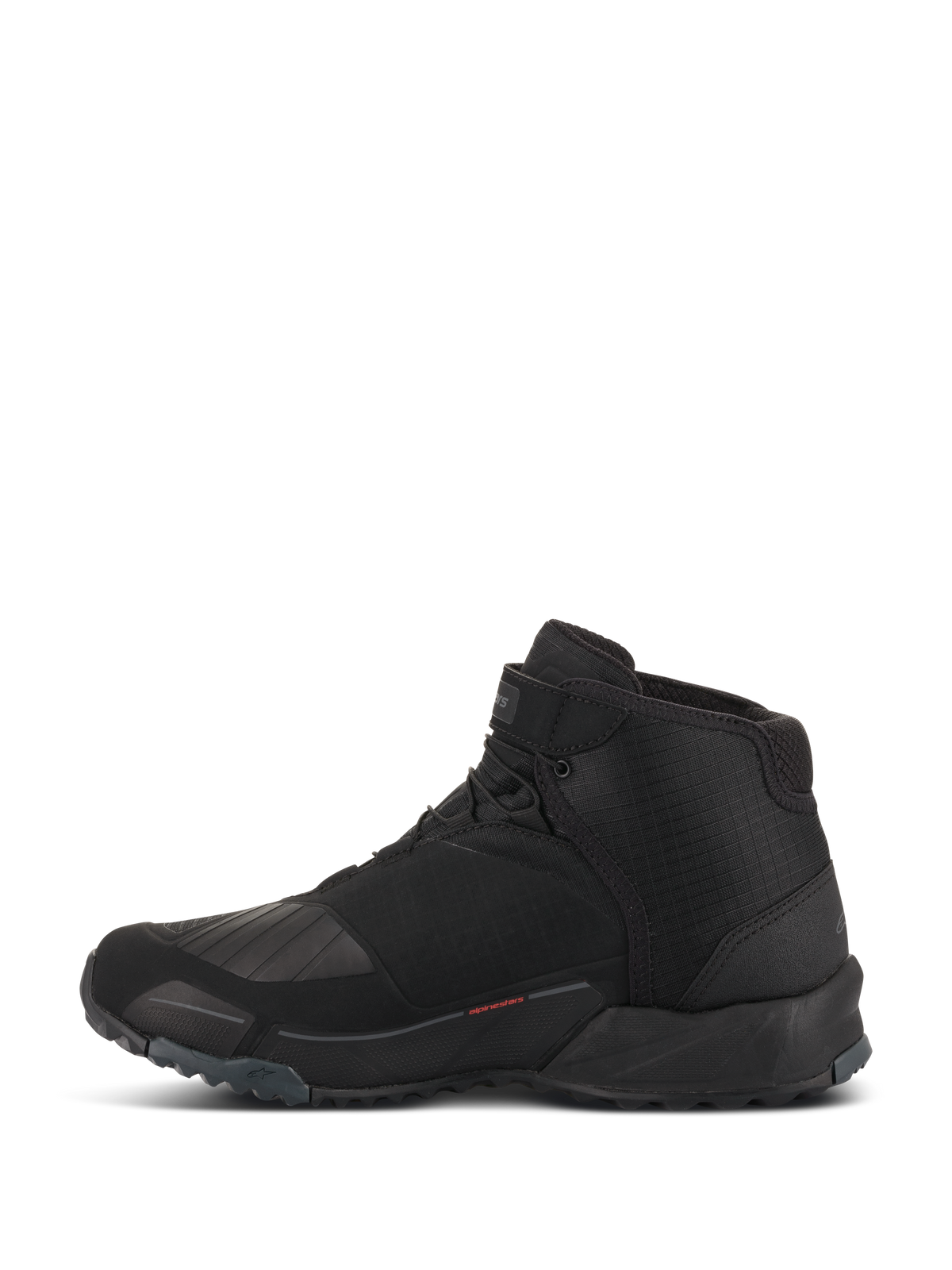 Alpinestars CR-X Drystar Motorradschuhe, Motorradschuhe, Schwarz, Seitenprofilansicht, High-Top-Design mit Laufschuh-Silhouette, mit verstärkter TPU-Schaltzone, profilierter Außensohle für Grip und wasserdichter Konstruktion für Stadt- und Straßenfahrten.