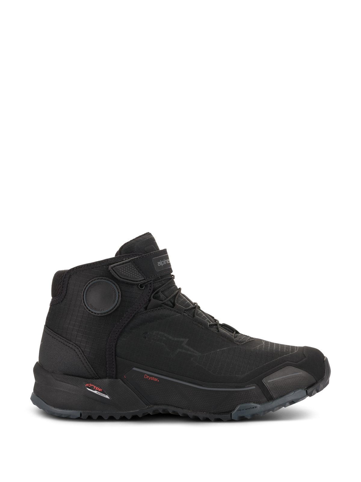 Alpinestars CR-X Drystar Motorradschuhe, schwarze Motorradbekleidung, Seitenansicht, wasserfester Urban-Riding-Schuh, Schnürung mit Klettverschluss-Riemen, dicke profilierte Gummisohle, sportliches Design mit Alpinestars-Branding