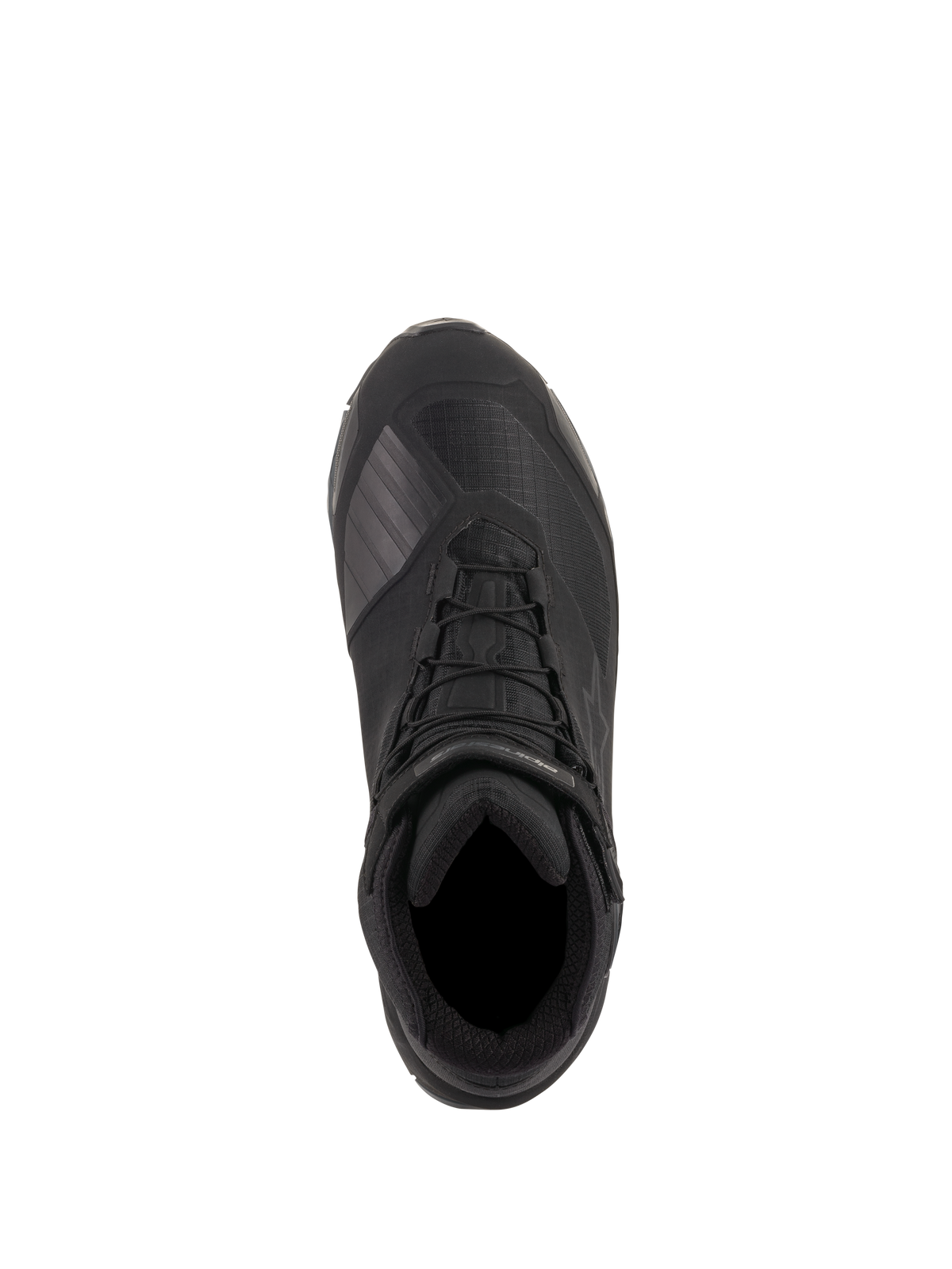Alpinestars CR-X Drystar® Riding Shoes, Schwarz, Ansicht von oben zeigt die technische Textilkonstruktion, integrierte Schnürsenkel mit Knöchelriemen und die schützende TPU-Schaltzone, wasserdichte Motorradschuhe für ganztägigen Komfort.