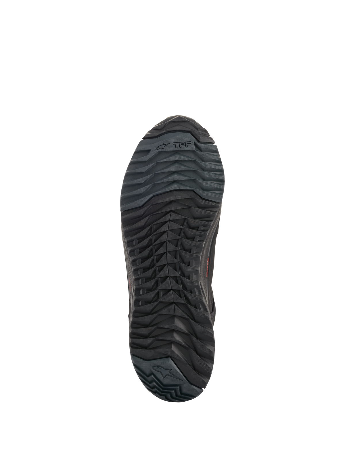 Alpinestars CR-X Drystar® Riding Shoes, Motorradschuhe, Schwarz, Unteransicht der Außensohle mit asymmetrischer Stollenkonfiguration, ölbeständiger Gummimischung und Alpinestars-Branding.