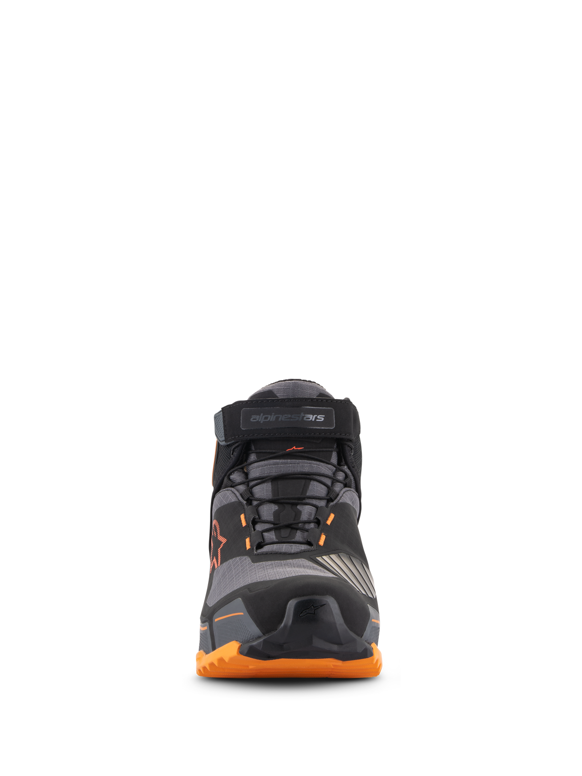 Alpinestars CR-X Drystar® Motorradschuhe, Vorderansicht, Schwarz, Hellbraun und Orange, sicheres Schnürsystem mit Knöchelriemen, schützende Zehenkappe und robuste orangefarbene Sohle, wasserdichtes urbanes Motorradschuhwerk