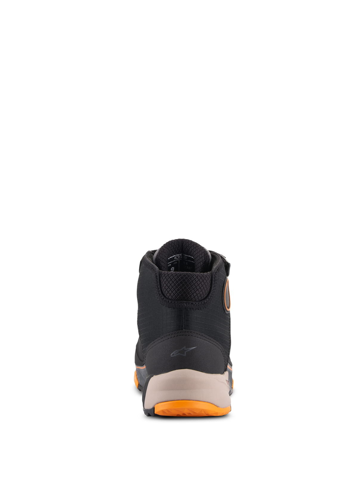Alpinestars CR-X Drystar® Motorradschuhe, Motorradschuhe, Schwarz, Hellbraun und Orange, Rückansicht mit verstärkter Ferse und kleinem Alpinestars-Logo, gepolstertem Kragen und orangefarbenen Sohlenakzenten, wasserdichtes Motorradschuhwerk