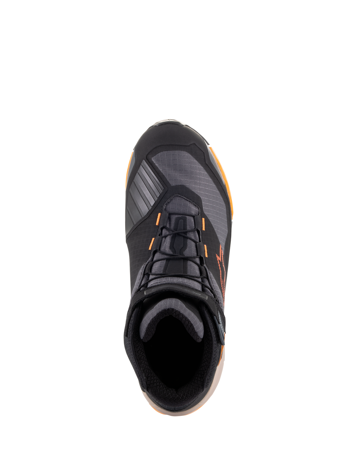 Alpinestars CR-X Drystar® Motorradschuhe, Draufsicht, Farbgebung Schwarz, Hellbraun und Orange, sportliche Motorradschuhe mit schwarzen Schnürsenkeln, orangen Akzenten und hellbrauner Sohle, wasserdichte Schutzausrüstung für Straßen- und Stadtfahrten.