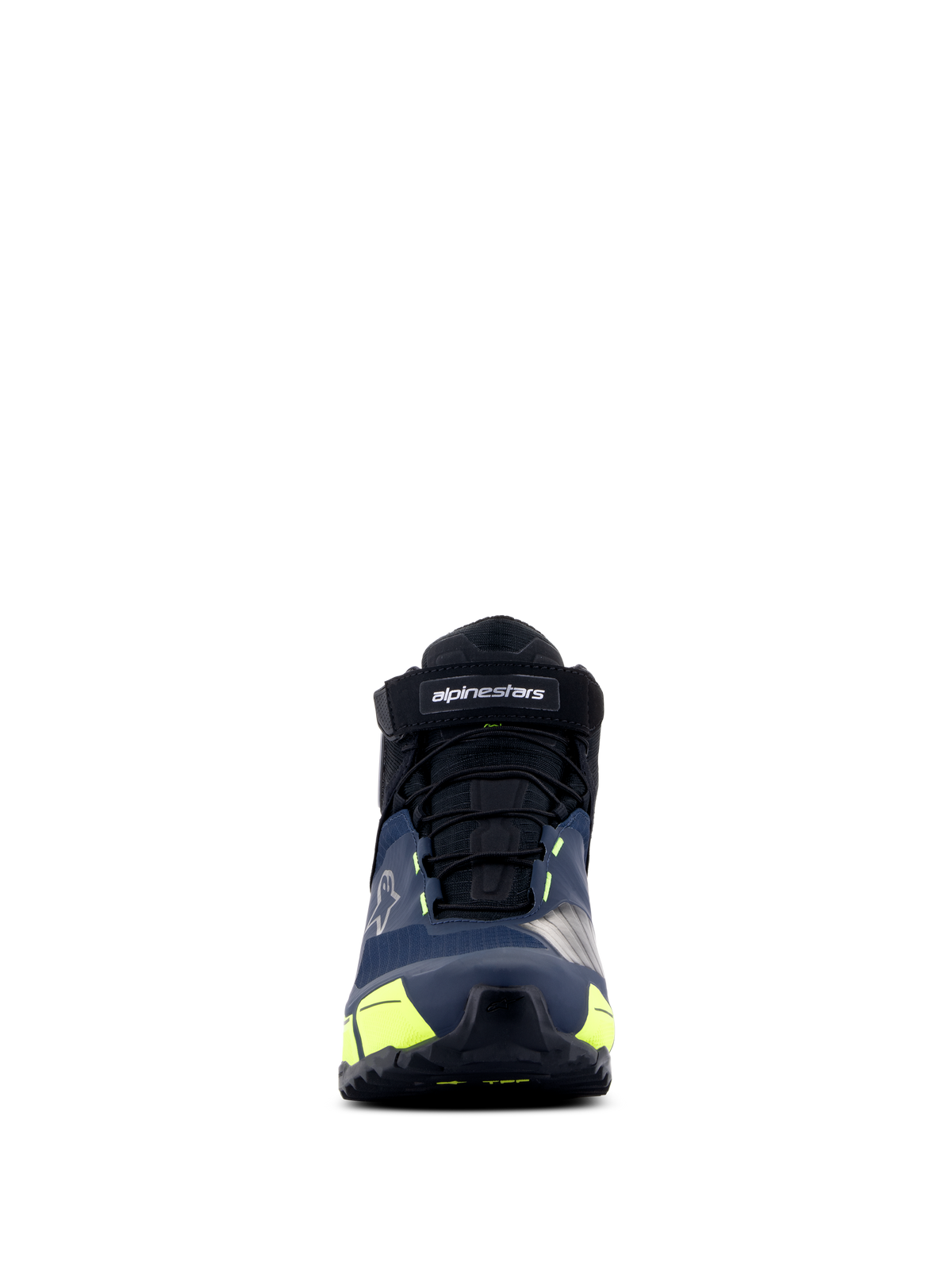 Alpinestars CR-X Drystar® Motorradschuhe, Schwarz, Dunkelblau und Gelb Fluo, Frontansicht, mit Klettverschluss mit Alpinestars-Branding, schwarzen Schnürsenkeln und leuchtend gelben Akzenten, sportlich inspiriertes Design für ganztägigen Tragekomfort.