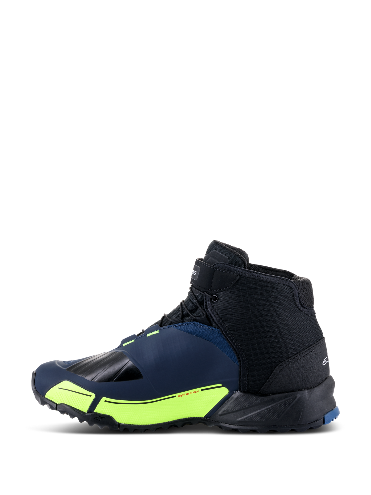 Alpinestars CR-X Drystar® Motorradschuhe, Schwarz, Dunkelblau und Gelb Fluo, Seitenprofil mit einer Laufschuh-Silhouette, wasserdichte Drystar-Membran, fluoreszierend gelbe Akzente an der Zwischensohle und verstärkter Zehen- und Fersenbereich für Schutz.
