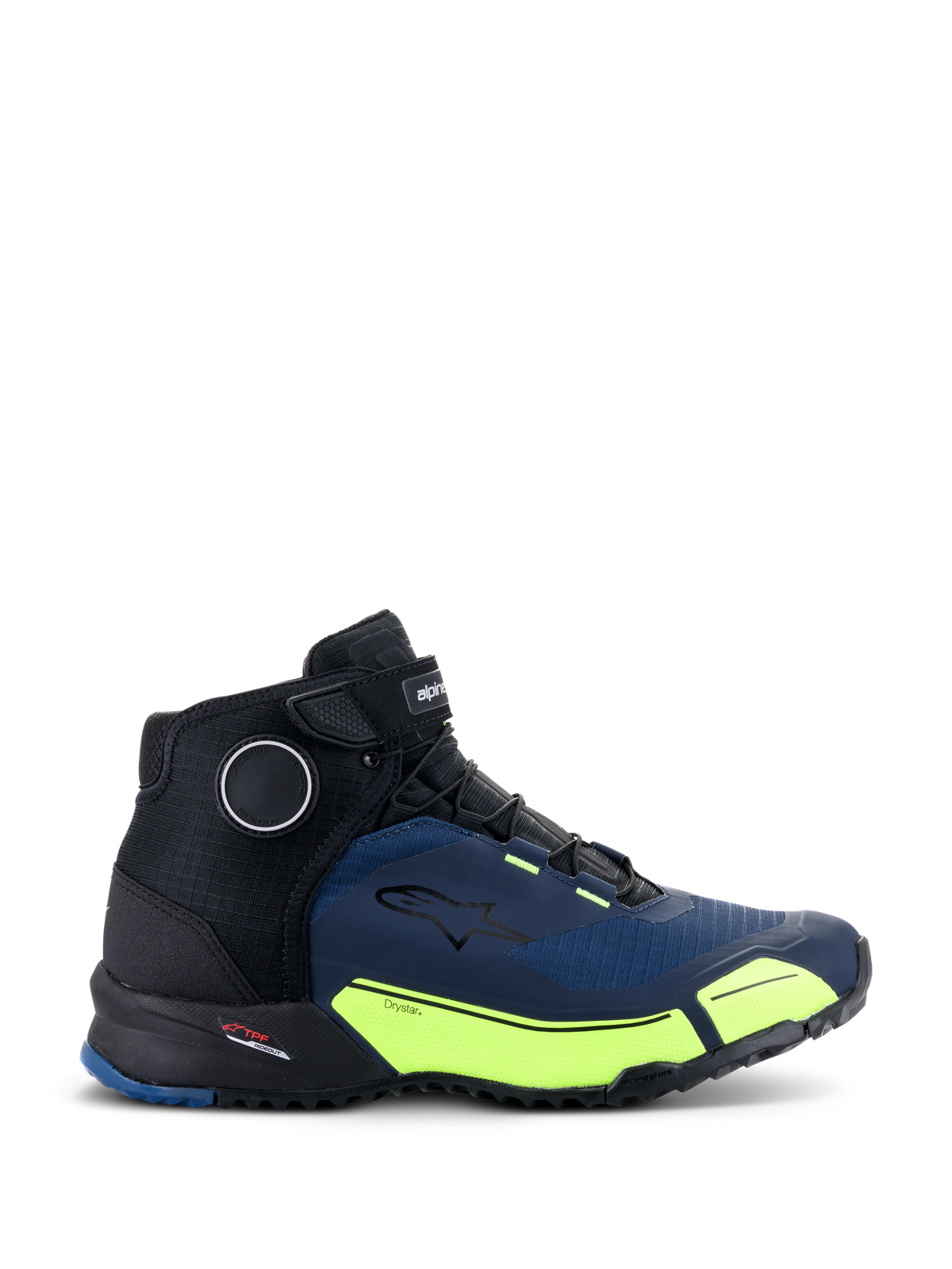 Alpinestars CR-X Drystar® Motorradschuhe, Schwarz, Dunkelblau und Gelb Fluo, sportlich inspirierte Motorradschuhe, mit fluoreszierend gelben Akzenten und dunkelblauen Einsätzen, wasserdichtes Design mit einer Laufschuh-Silhouette für ganztägigen Komfort.