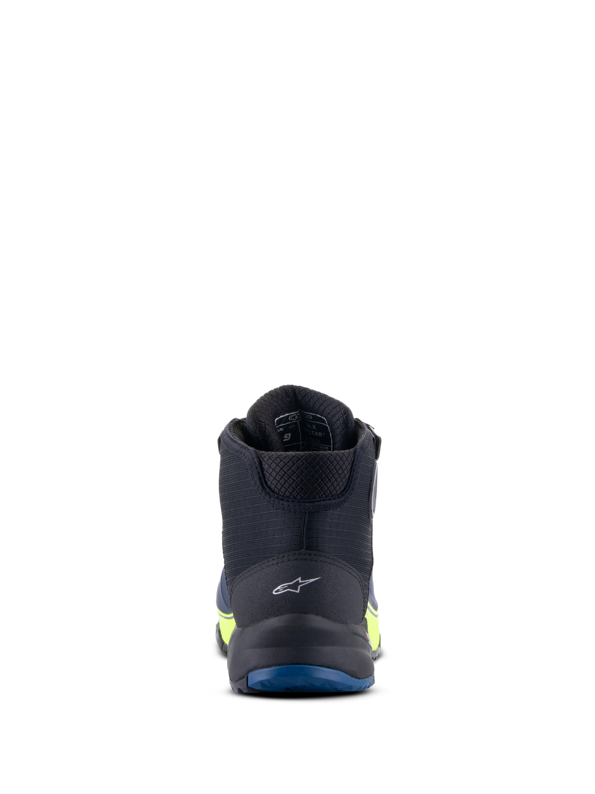 Alpinestars CR-X Drystar® Motorradschuhe, Schwarz, Dunkelblau und Gelb Fluo, Rückansicht mit Fokus auf das Fersenlogo und die blaue Außensohle, wasserdichte Performance mit neongelben Akzenten