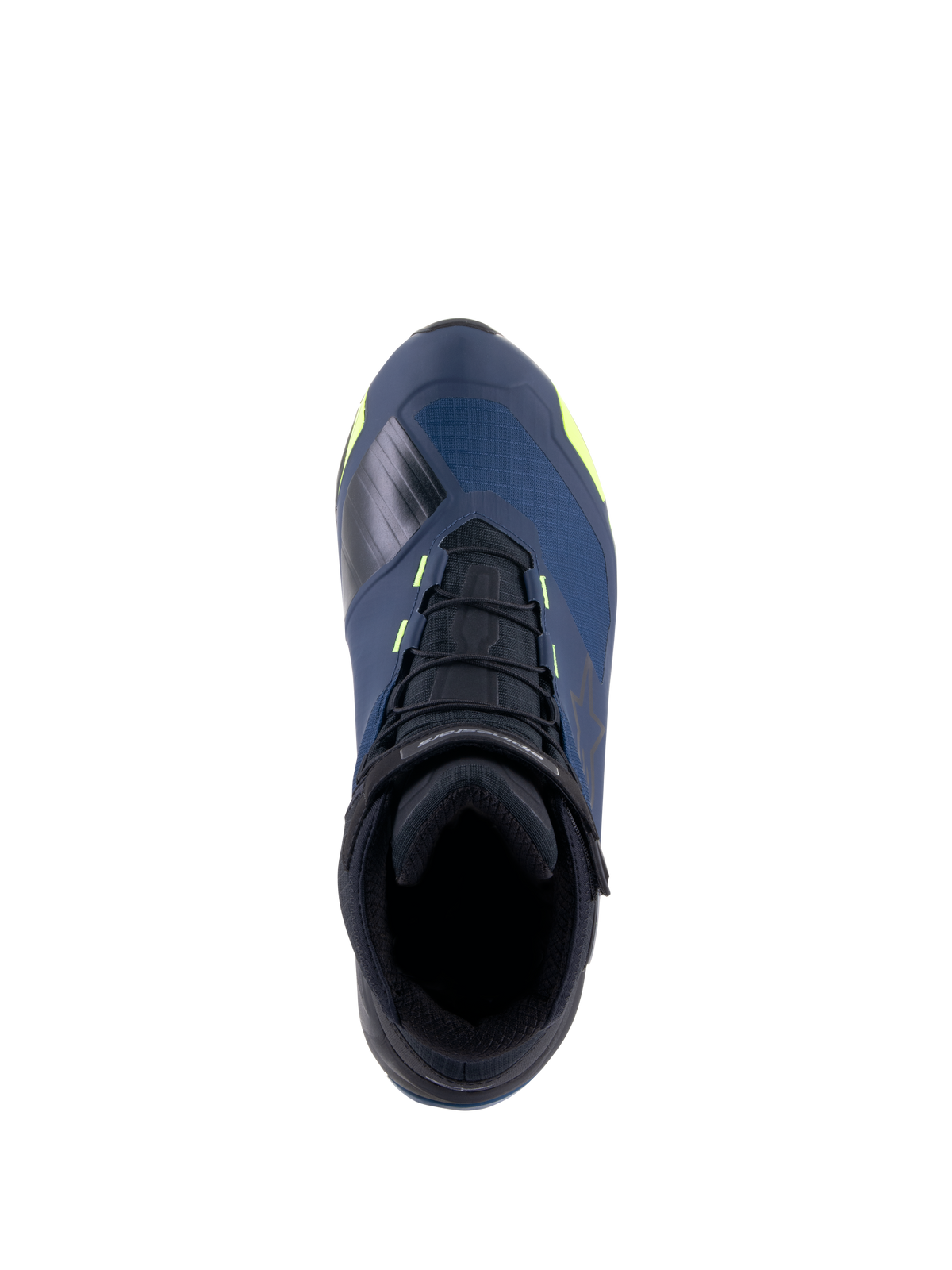 Alpinestars CR-X Drystar® Riding Shoes, Draufsicht, Schwarz, Dunkelblau und Gelb Fluo, wasserdichte Motorradschuhe mit einer Laufschuh-Silhouette, mit schwarzen Schnürsenkeln und leuchtend gelben Akzenten auf dunkelblauem Obermaterial