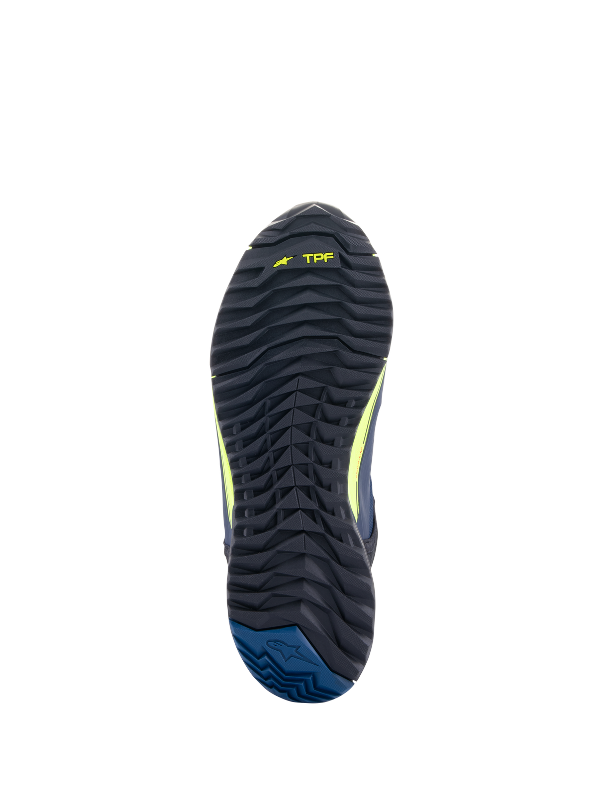Alpinestars CR-X Drystar® Motorradschuhe, Außensohlenansicht, Schwarz mit TPF-Branding in Gelb Fluo und dunkelblauer Ferse, robustes, strukturiertes Profil für Traktion und ganztägigen Gehkomfort