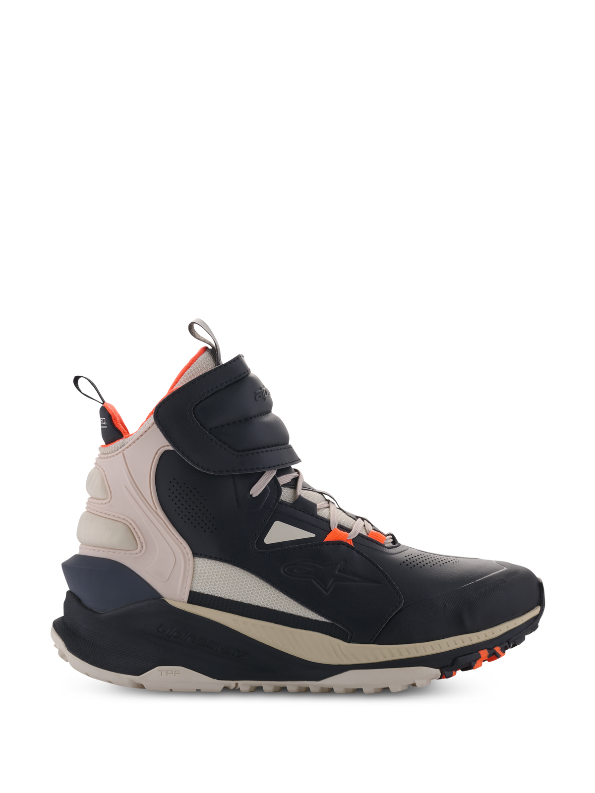 Alpinestars Speedstreet Schuhe, hochgeschnittene Motorrad-Sneaker, Schwarz und Almond mit Hot Orange Akzenten, Street-Style-Obermaterial aus Mikrofaser mit perforierten Details, dicke ergonomische Sohle, modernes urbanes Design für Motorradfahrer mit Klettverschlussriemen