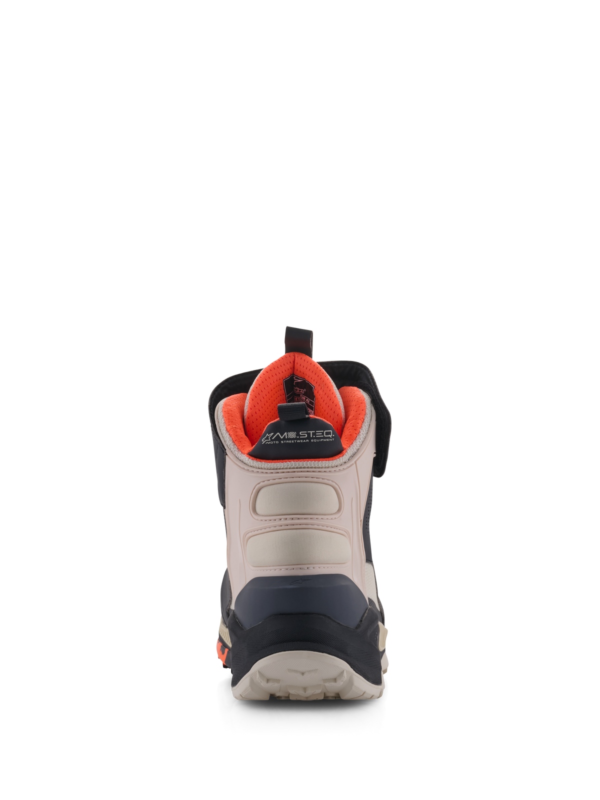 Alpinestars Speedstreet Schuhe, Motorradschuhe, Schwarz, Almond und Hot Orange, Rückansicht mit verstärkter Fersenkappe, Mikrofaser-Einsätzen in Almond, leuchtend oranges Innenfutter und MO.ST.EQ. Branding