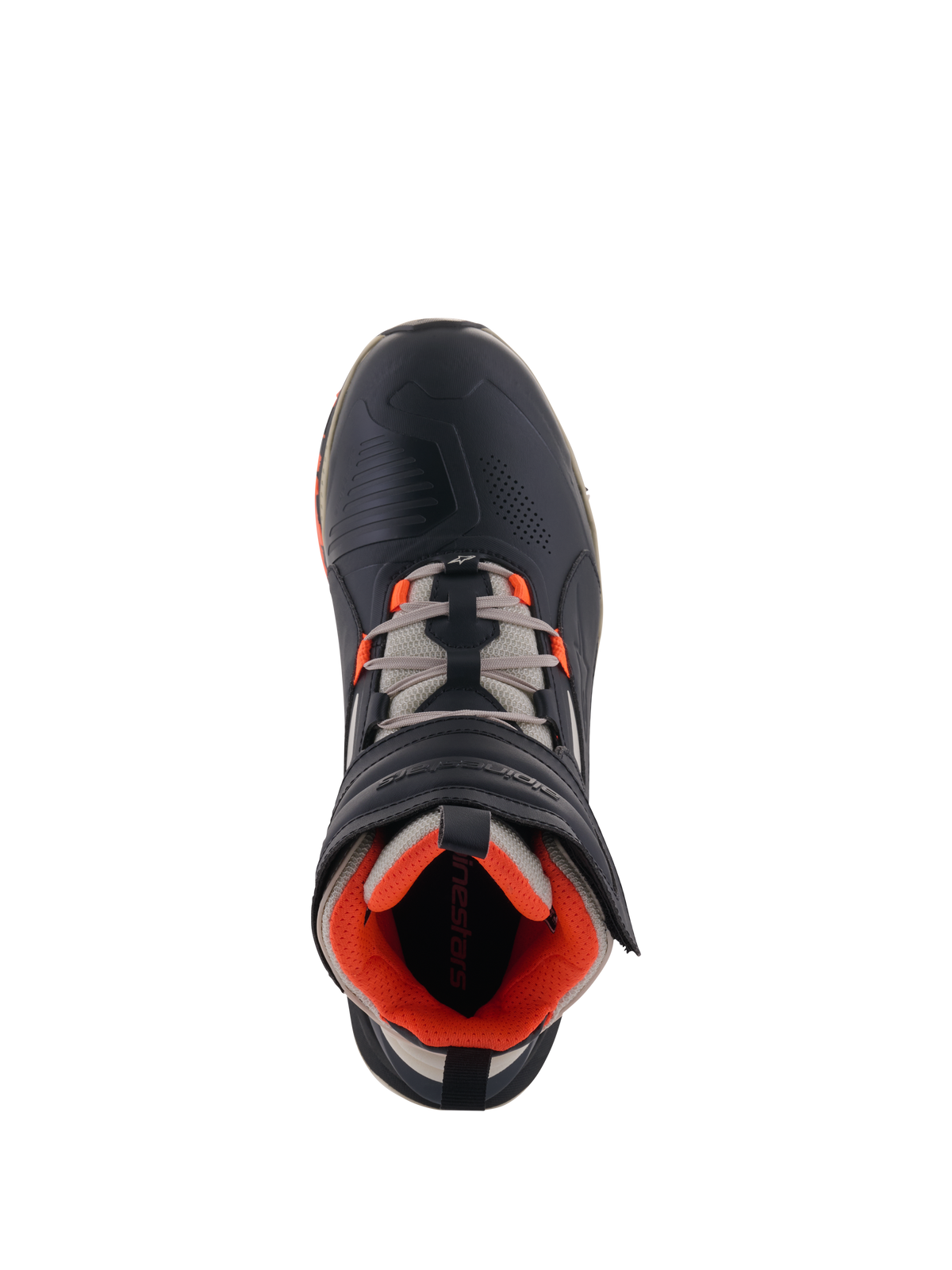 Alpinestars Speedstreet Schuhe, Motorradschuhe, Black Almond Hot Orange, Draufsicht mit schwarzem Mikrofaser-Obermaterial und orangefarbenen Akzenten, mandelgraue Schnürsenkel, ergonomischer Klettverschluss, urbanes, vom Motorsport inspiriertes Design