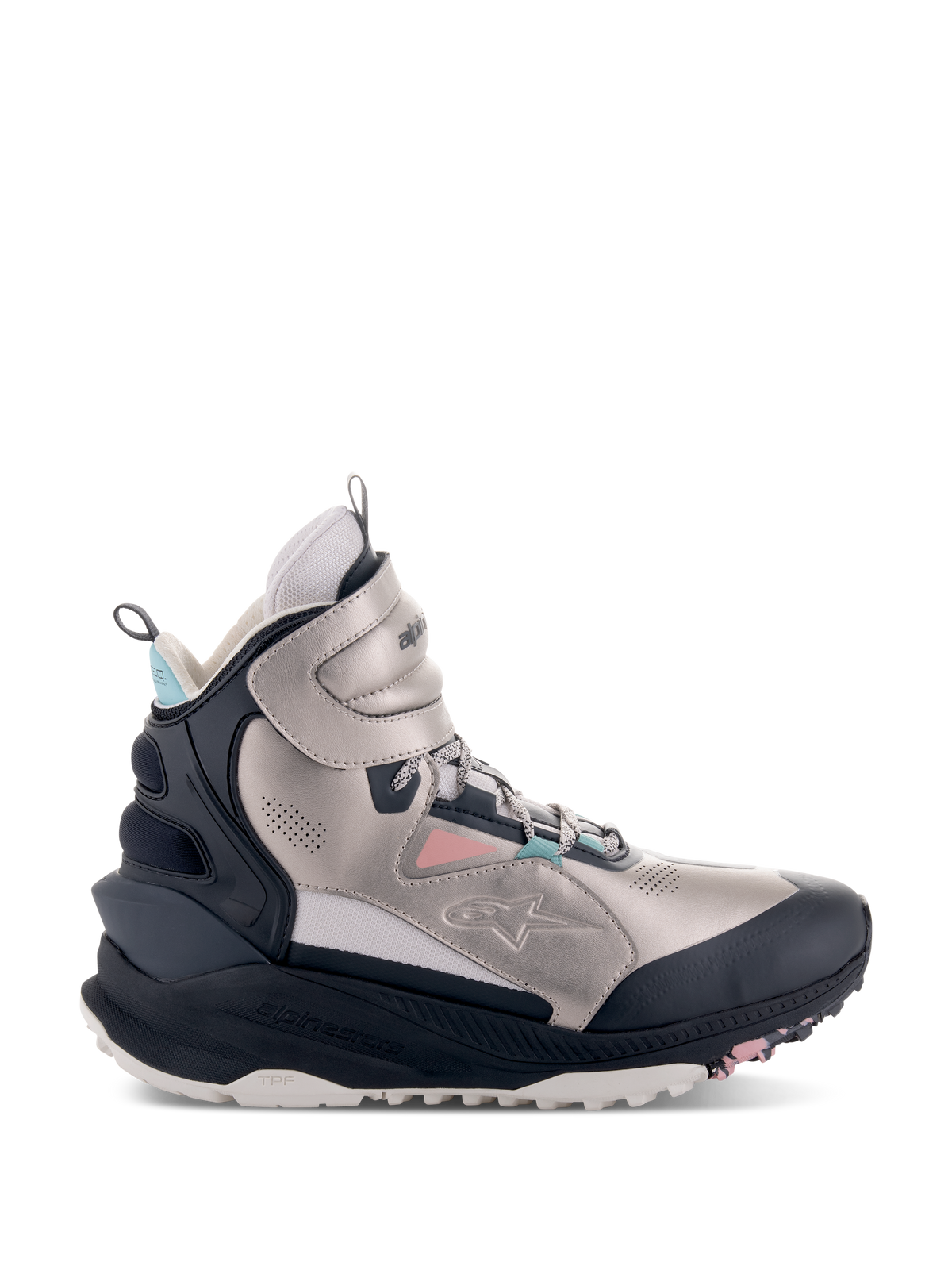 Alpinestars Speedstreet Schuhe, High-Top-Motorradschuhe, Ecru, Koralle, Schwarz und Aqua, metallisch-silberfarbenes Mikrofaser-Obermaterial mit schwarzen Schutzpaneelen, korallenrosa und aquablaue Akzente, klobige Sohle mit TPF-Branding, urbanes Streetwear-Design