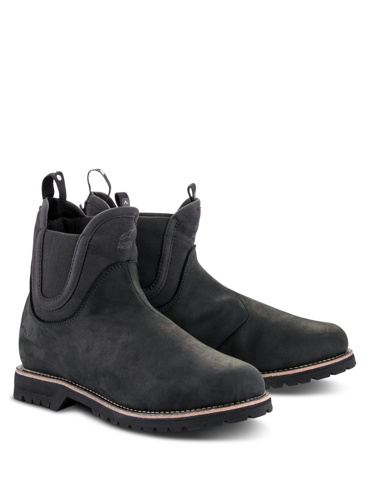 Alpinestars Turnstone Schuhe, schwarze Motorradstiefel im Chelsea-Stil, Obermaterial aus mattem Rindsleder mit elastischen Seiteneinsätzen und hinteren Zuglaschen, urbane Motorradschuhe mit robuster Profilsohle und weißer Rahmennaht