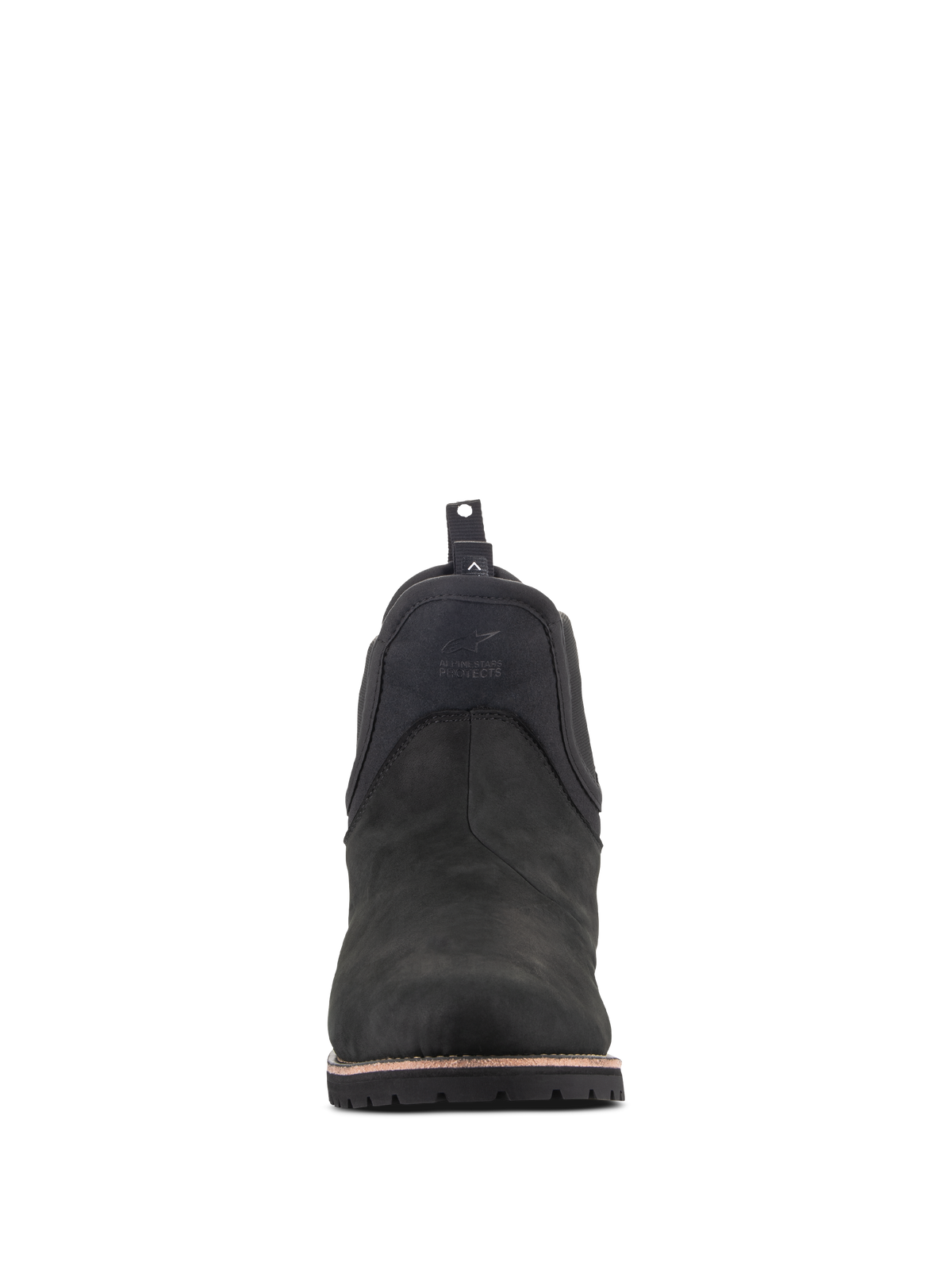 Alpinestars Turnstone Schuhe, Urbane Motorradschuhe, Schwarz Schwarz, Vorderansicht eines Chelsea-Boots aus Rindsleder mit geprägtem Logo vorne und einer rückseitigen Anziehschlaufe.