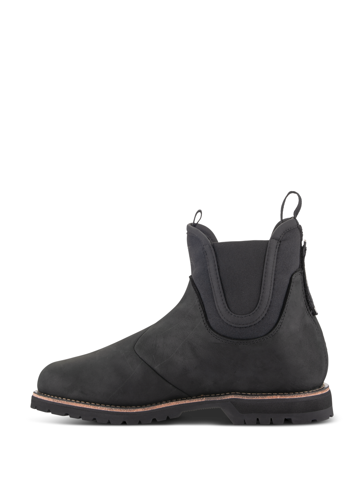 Alpinestars Turnstone Schuhe, schwarzer Motorradstiefel im Chelsea-Stil, Seitenansicht, gefertigt aus 1,5 mm Rindsleder mit elastischen Knöcheleinsätzen und Zuglaschen vorne und hinten.