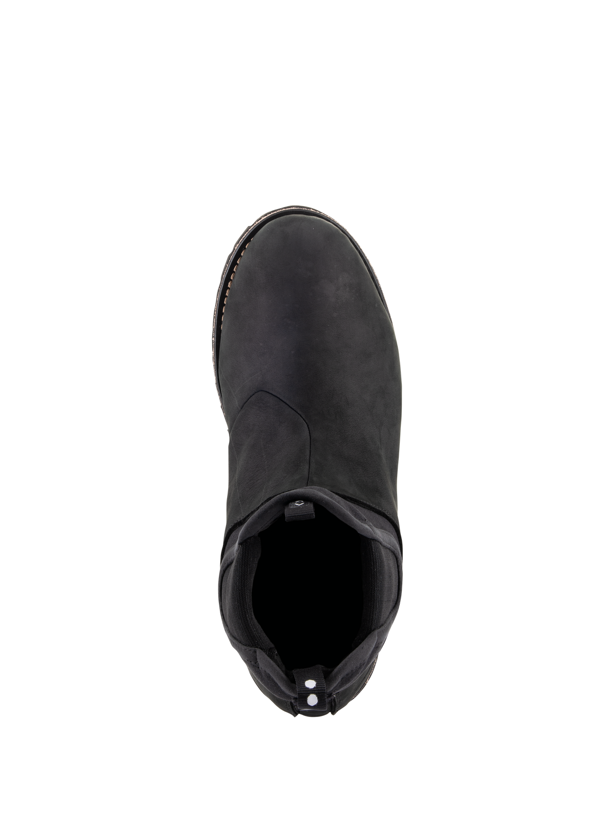 Alpinestars Turnstone Schuhe, Schwarz Schwarz, Draufsicht auf einen urbanen Motorradschuh aus Rindsleder mit elastischem Chelsea-Einstieg und einer hinteren Anziehhilfe mit weißen Punkten, minimalistisches Schutzschuhwerk für den Straßeneinsatz.