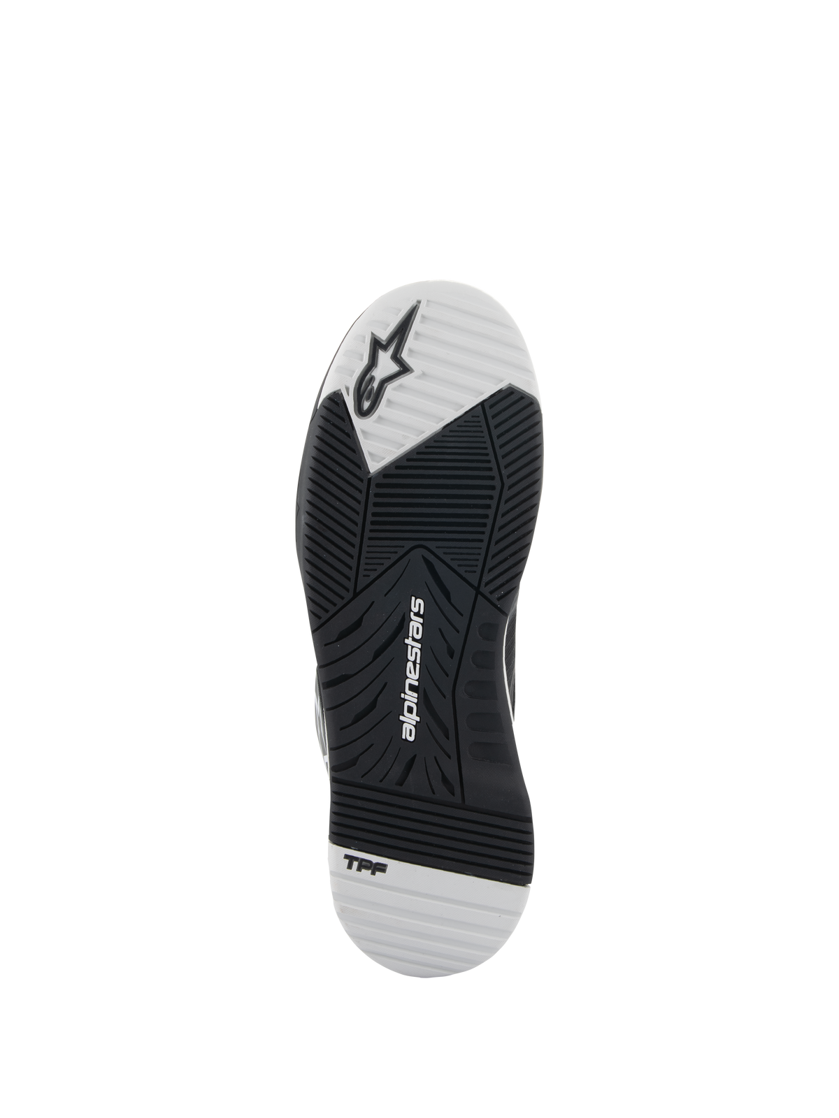 Alpinestars Speedflight Shoes, Black and White, outsole view showing the dual-density rubber sole, features Alpinestars logo and TPF branding, asymmetric tread pattern for motorcycle riding grip and stability