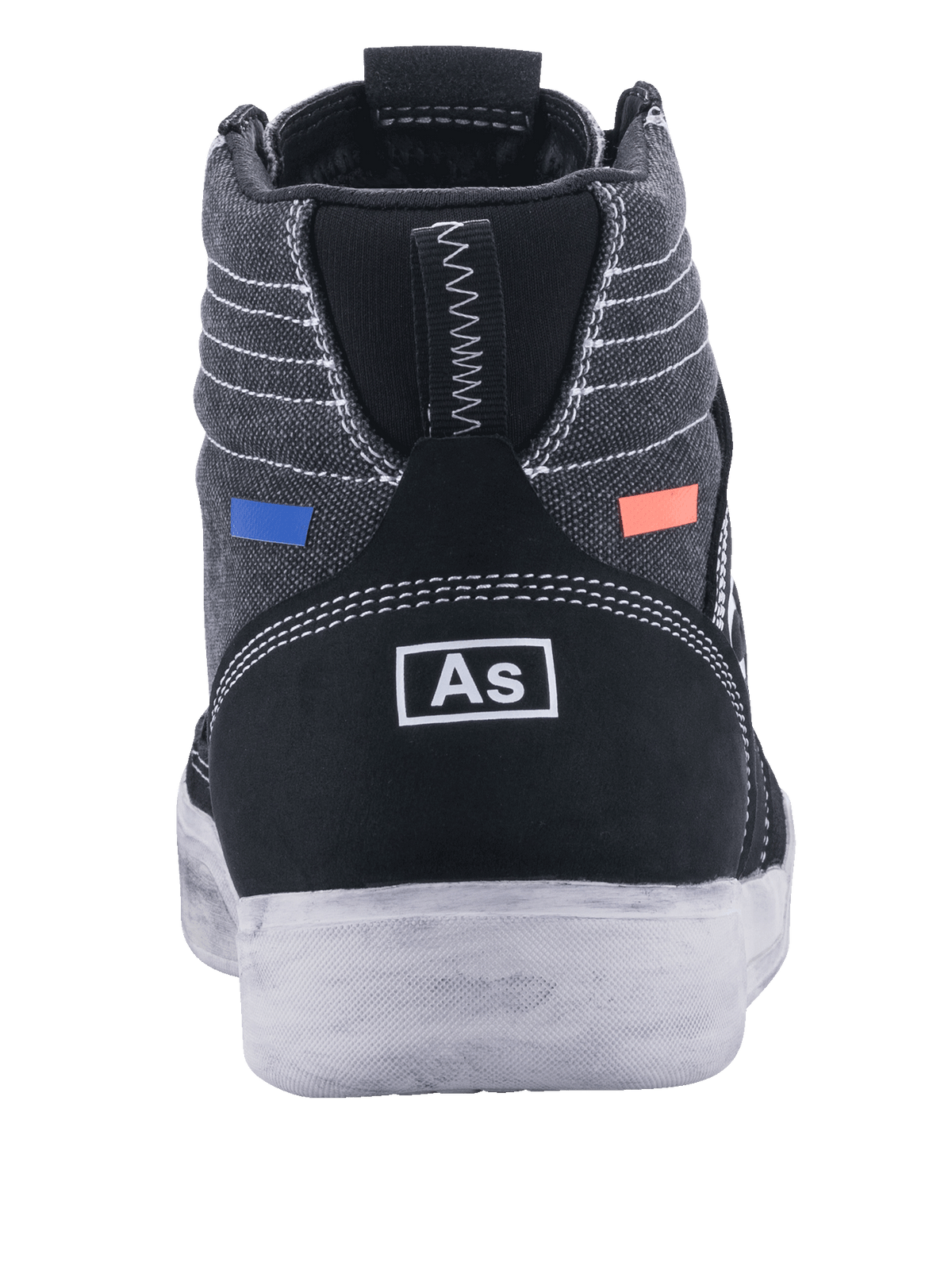 Alpinestars Ageless Motorradschuhe, Motorradschuhe, Schwarz und Cool Gray, Rückansicht mit dunkelgrauem Canvas und weißen Nähten, schwarze Wildlederferse mit weißem Branding, blaue und orangefarbene Akzente, lässiges urbanes Design mit weißer Sohle
