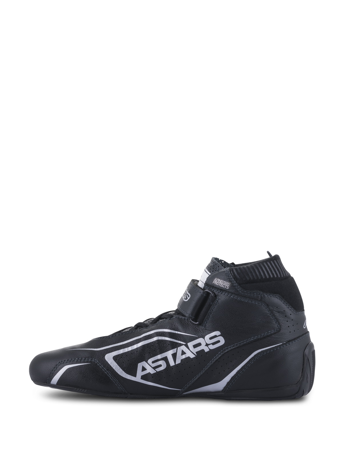 Alpinestars Tech-1 T V3 FIA Schuhe, Auto-Rennschuhe, Schwarz und Silber, Seitenansicht, Konstruktion aus vollnarbigem Rindsleder mit silbernem ASTARS-Branding, verstellbarer Klettverschluss, elastischer feuerfester Kragen