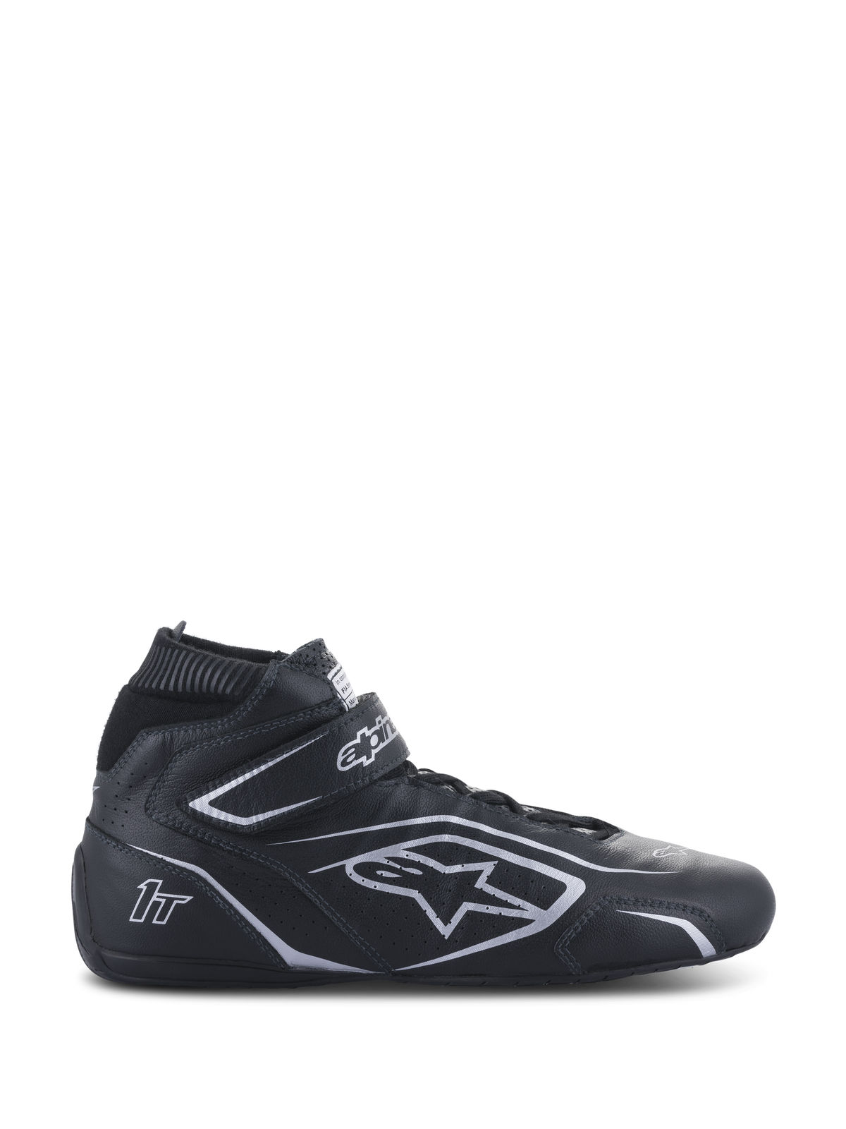 Alpinestars Tech-1 T V3 Schuhe FIA, Schwarz-silberne Racing-Schuhe, High-Top Leder-Motorsportschuhe mit Klettverschluss am Knöchel, perforierte Seitenteile und silbernes Branding, FIA-zertifiziert für den professionellen Automobilsport.