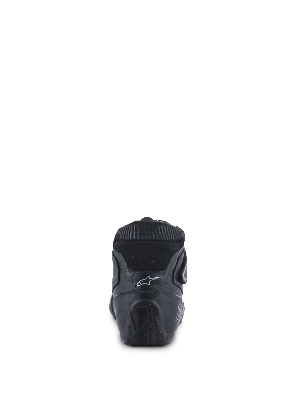 Alpinestars Tech-1 T V3 Schuhe FIA, Auto-Rennschuhe, Schwarz und Silber, Rückansicht mit ergonomischer Fersenkappe, weißem Astars-Logo und strukturierter Gummisohle für optimale Pedalkontrolle.