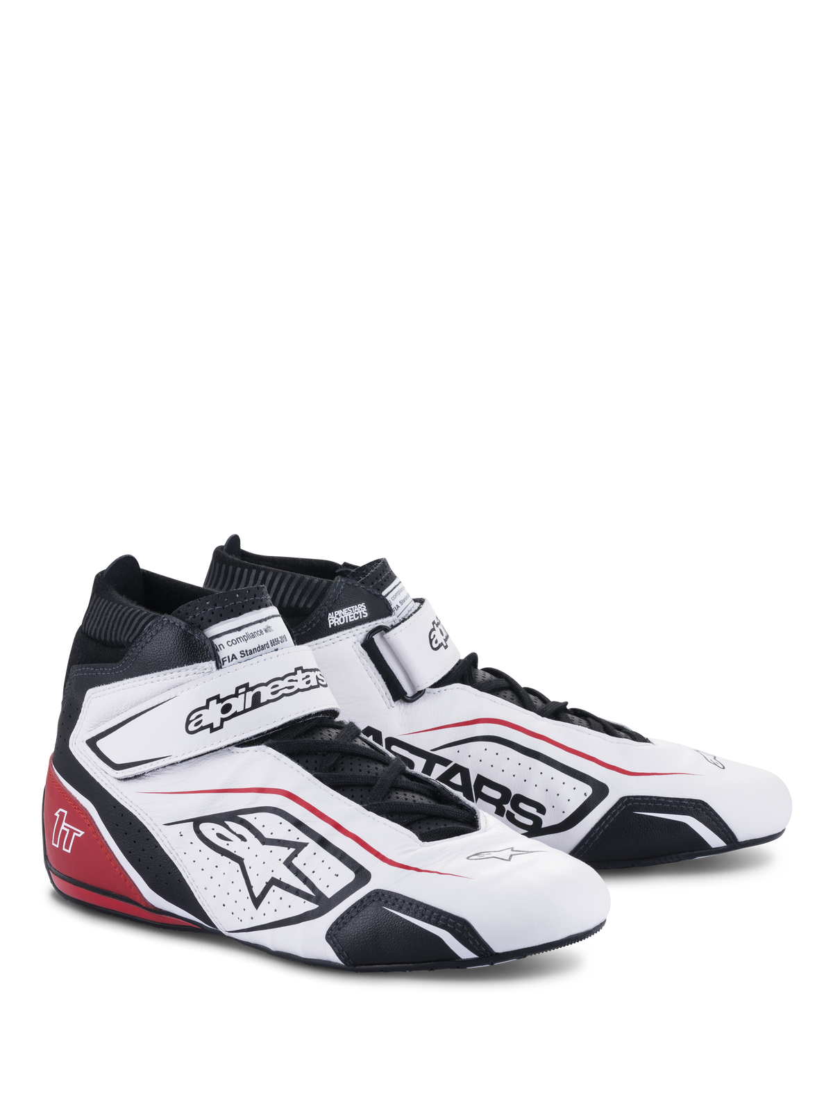 Alpinestars Tech-1 T V3 Schuhe FIA, Autorennschuhe, Weiß mit schwarzen und roten Akzenten, Obermaterial aus Vollleder, verstellbarer Klettverschluss am Knöchel, perforierte Seitenpaneele mit Astars-Logo, professionelles Renndesign
