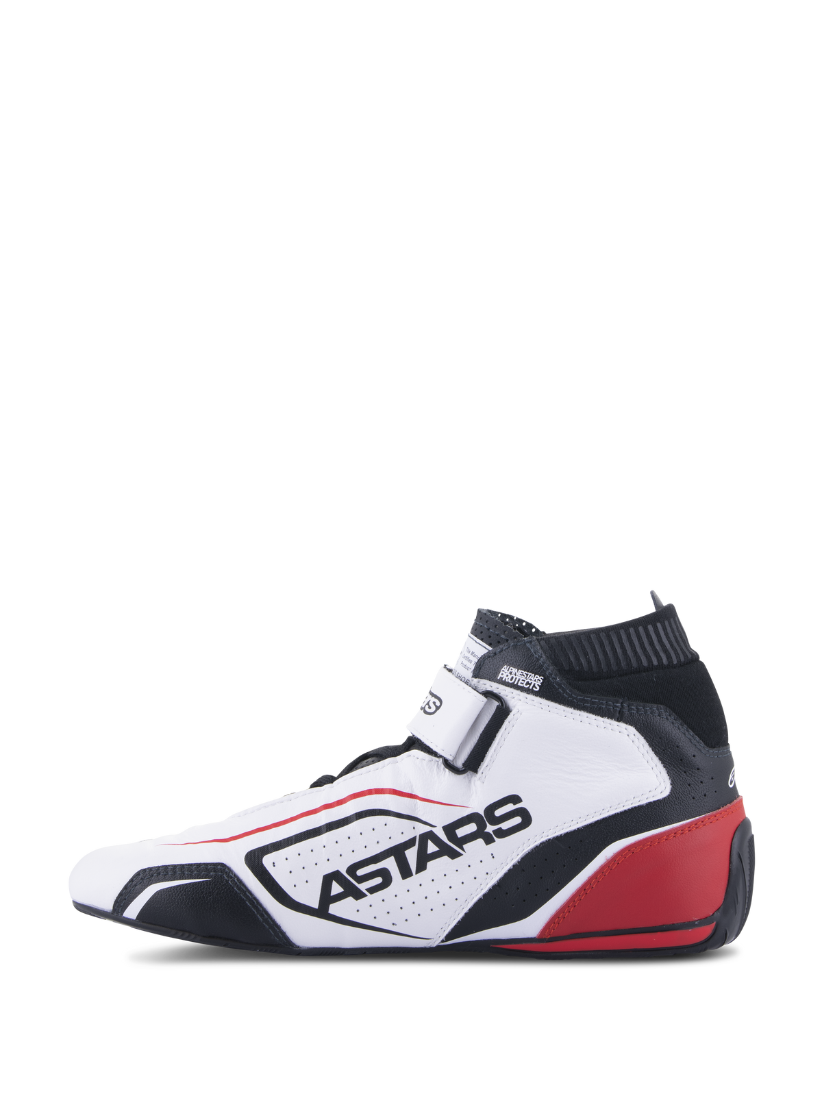 Alpinestars Tech-1 T V3 Schuhe FIA, professionelle Rennsportschuhe, Weiß, Schwarz und Rot, Seitenansicht mit ASTARS-Branding auf perforiertem Leder, schwarzem feuerfestem Kragen und roten Fersen-Highlights, Performance-Motorsport-Design.