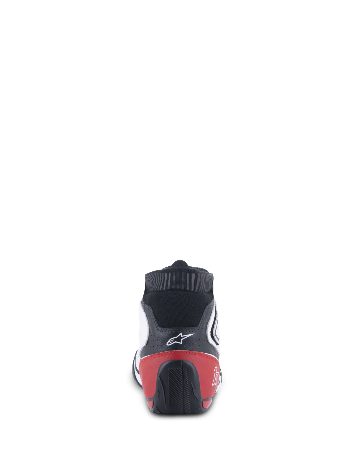Alpinestars Tech-1 T V3 Schuhe FIA, Autorennschuhe, Weiß, Schwarz und Rot, Rückansicht mit roter Fersenkappe und schwarzer strukturierter Außensohle, weißes Alpinestars-Logo auf schwarzem Oberleder