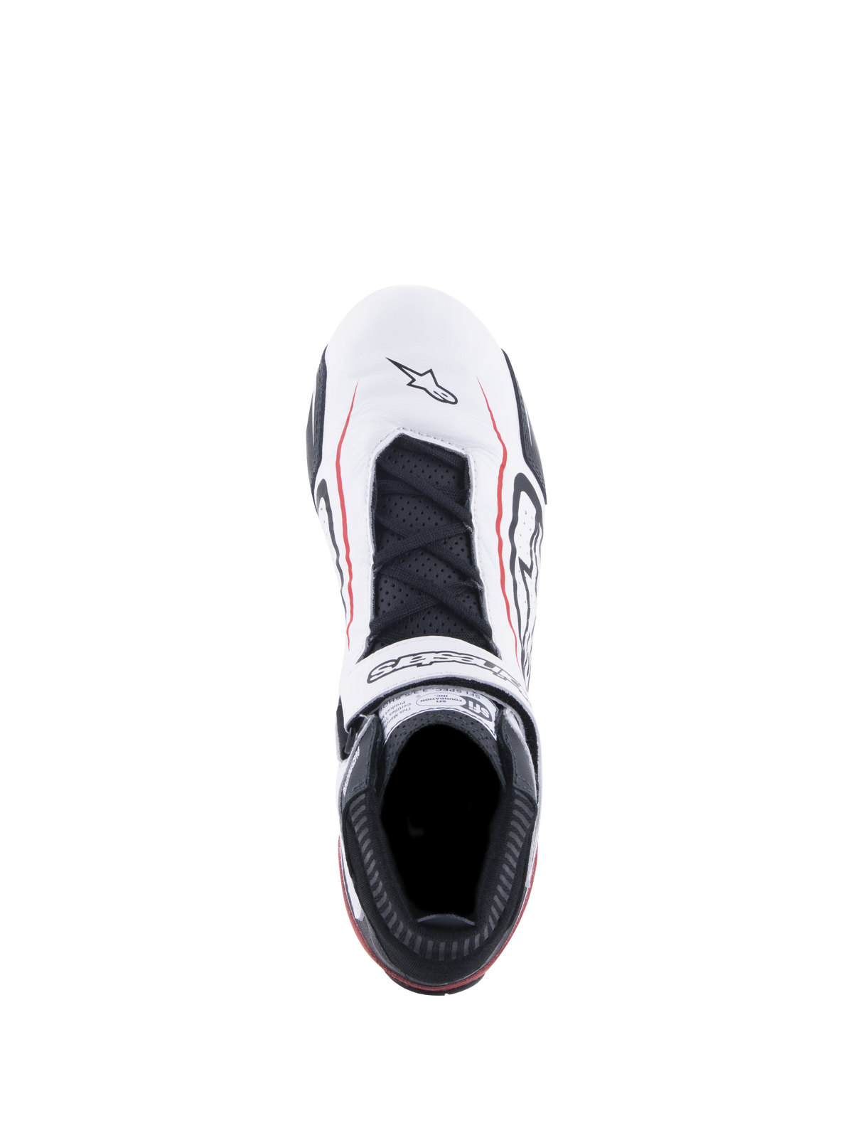 Alpinestars Tech-1 T V3 Schuhe FIA, Auto-Rennschuhe, Weiß, Schwarz und Rot, Draufsicht mit weißem Leder-Obermaterial und roten Akzentlinien, schwarzen Schnürsenkeln, markentypischem Klettverschlussriemen und SFI-Zertifizierungsetikett auf der Zunge