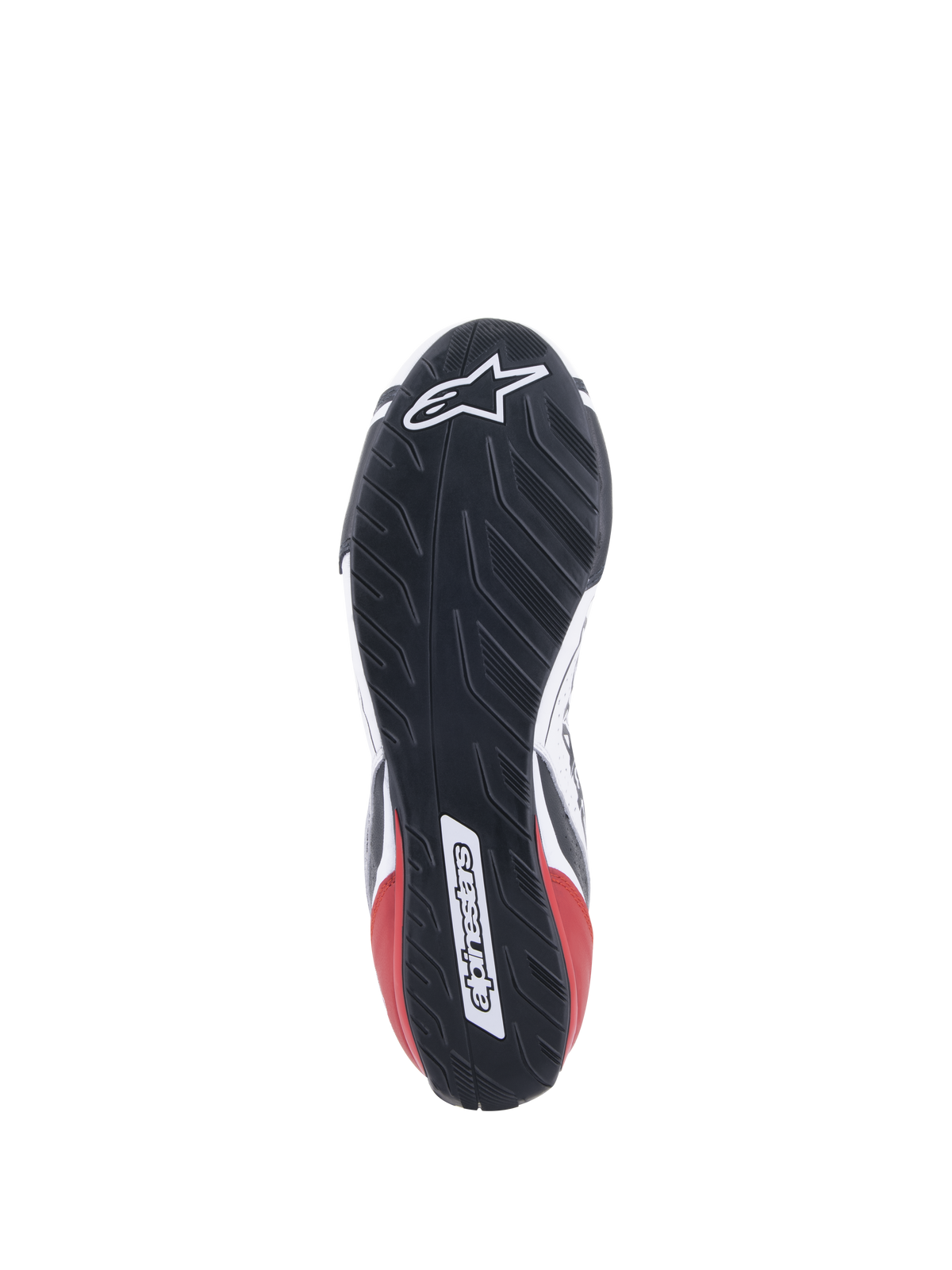 Alpinestars Tech-1 T V3 FIA Schuhe, Auto-Rennschuhe, Weiß, Schwarz und Rot, Detailansicht der asymmetrischen, vom Reifenprofil inspirierten Gummisohle, mit Alpinestars-Logo und Wortmarke, ölbeständiges und wasserabweisendes Außensohlendesign