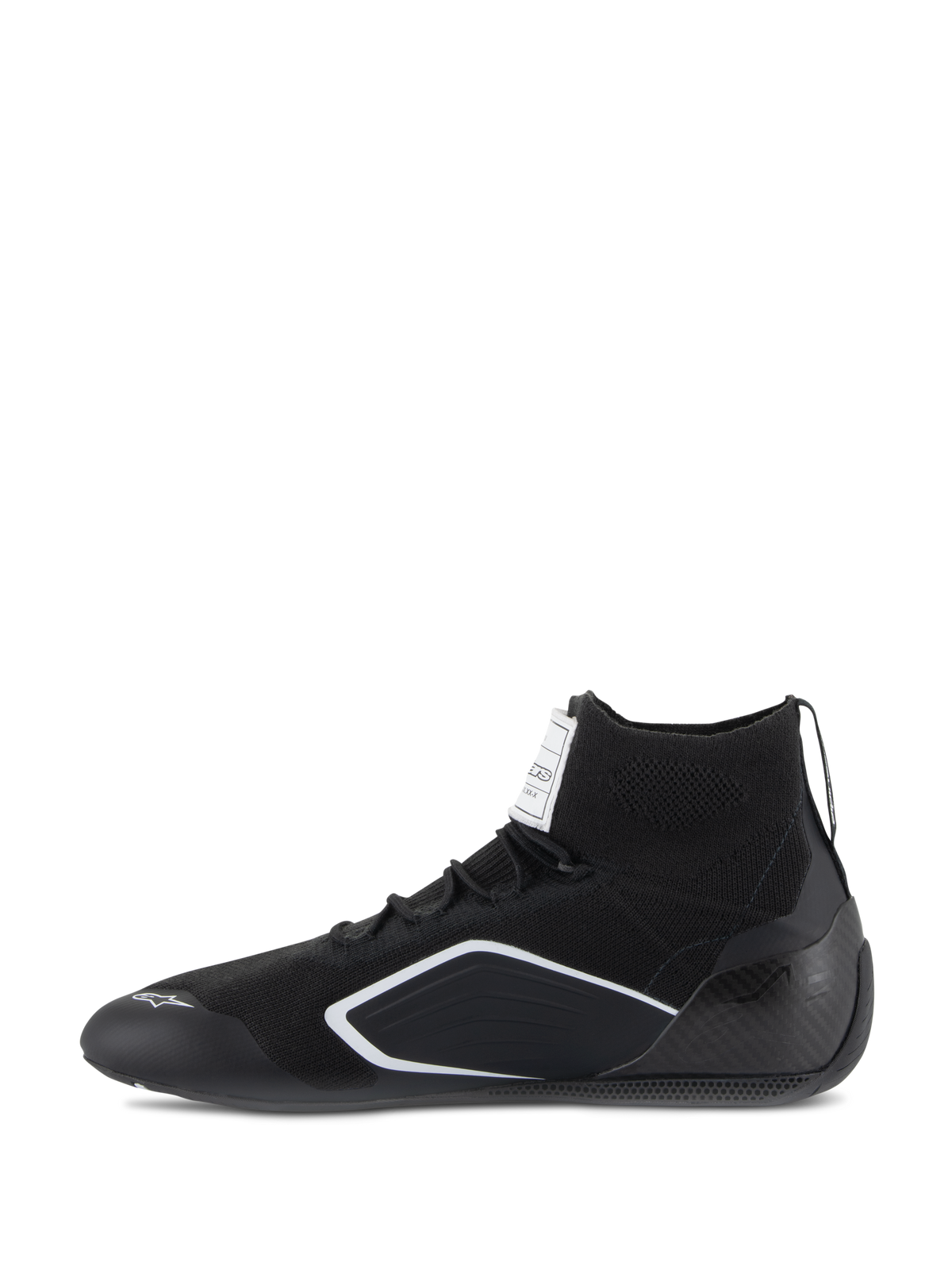 Alpinestars Supertech Shoes, Auto Racing Shoes, Black, side profile view featuring a knitted upper, carbon fiber heel cup, and white geometric accents, professional motorsport footwear