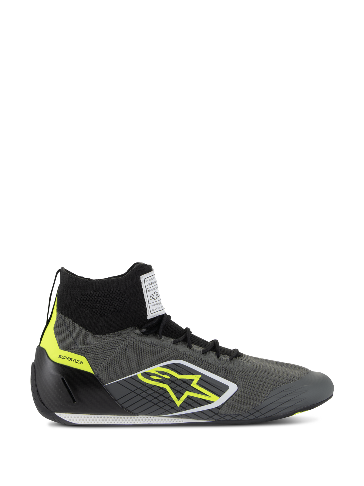 Alpinestars Supertech Shoes FIA/SFI, professional high-top racing shoes, Cool Gray and Black with Yellow Fluo accents, featuring a knitted aramid upper, carbon fiber heel cup, yellow star logo, and white and black thin sole, motorsport certified footwear