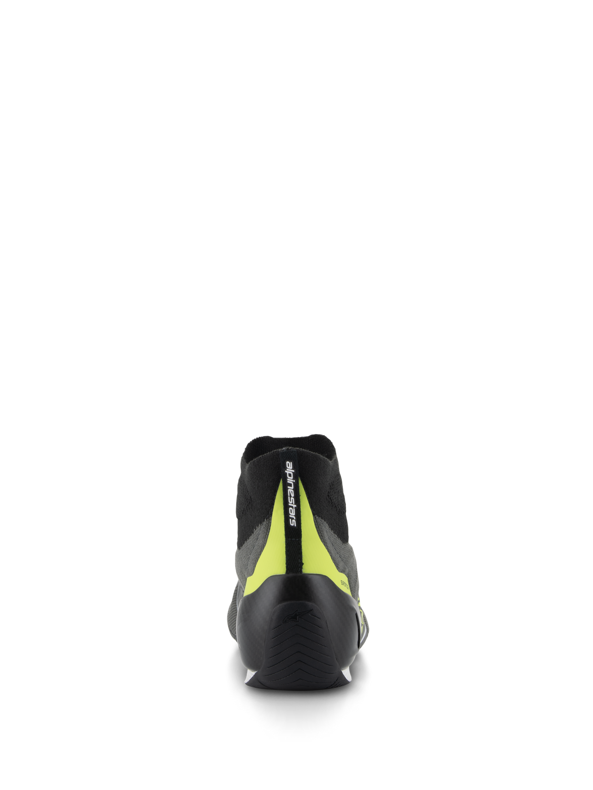 Alpinestars Supertech Shoes, Auto Racing Footwear, Gray and Black, Rear view featuring black carbon heel cup and bright fluo yellow vertical strip with branding, professional motorsport design
