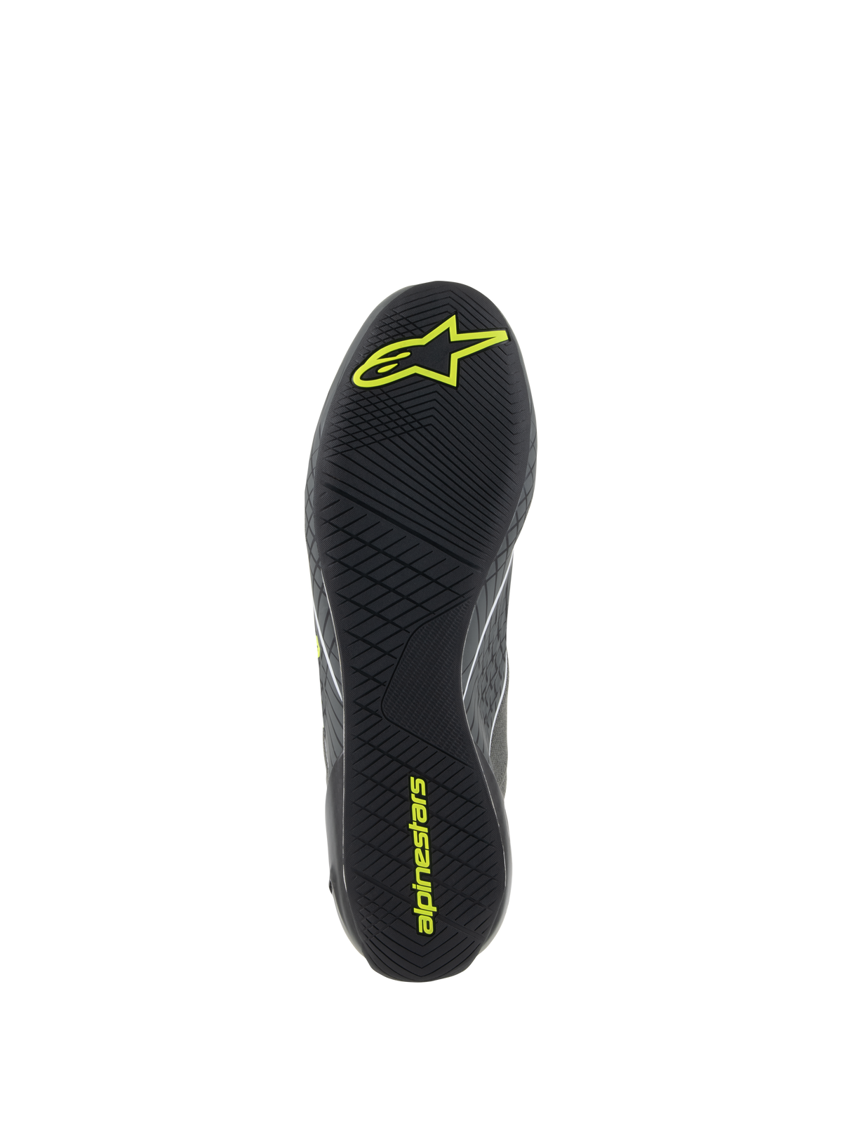 Alpinestars Supertech Shoes, Auto Racing Footwear, Cool Gray and Yellow Fluo, detailed view of the black rubber outsole with textured asymmetric tread and yellow Alpinestars logos for pedal grip and sensitivity.