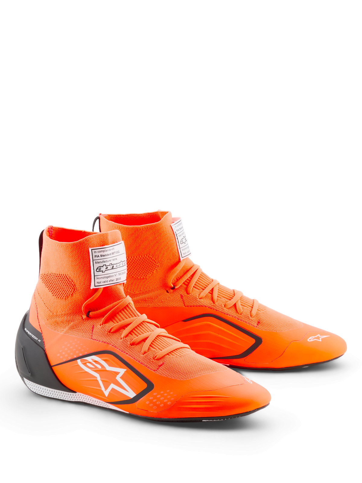 Alpinestars Supertech K Shoes - FIA, Karting Shoes, Orange Fluo Black and White, featuring a high-top knitted upper, black TPU heel counter, white Alpinestars logo, and FIA certification label on the tongue area