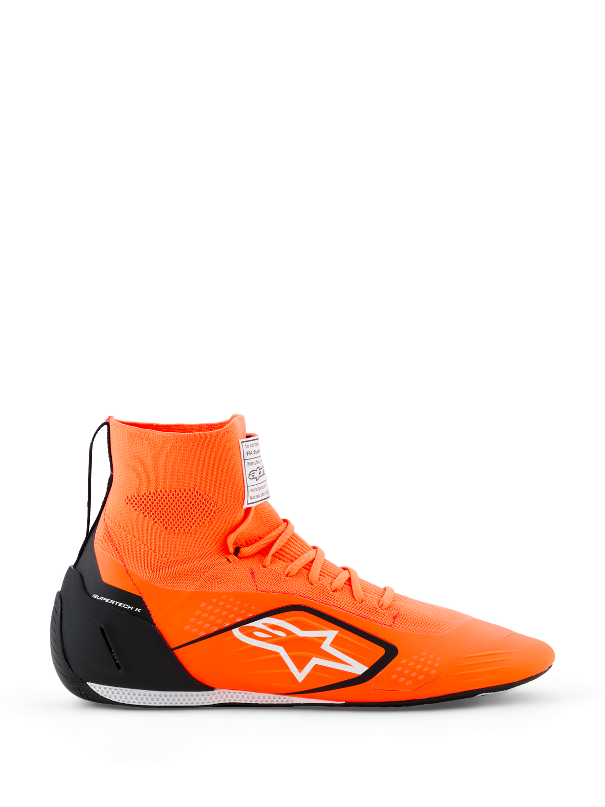 Alpinestars Supertech K Shoes - FIA, Karting Racing Shoes, Orange Fluo with black and white accents, high-top knitted construction with white star logo, black TPU heel counter, ultra-thin racing sole, side profile view
