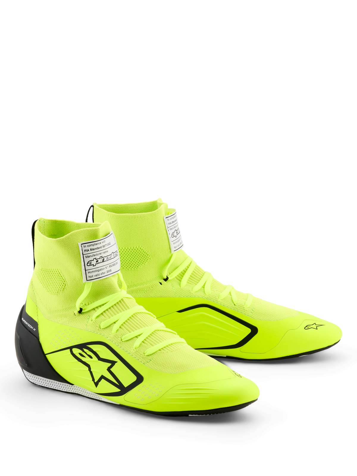 Alpinestars Supertech K Schuhe, Karting-Schuhe, Neongelb, Schwarz und Weiß, leuchtend neongelbes gestricktes Obermaterial mit schwarzem Stern-Logo, eingespritzte TPU-Fersenkappe, weißes FIA-Label auf der Zunge, schnittiges Motorsport-Design