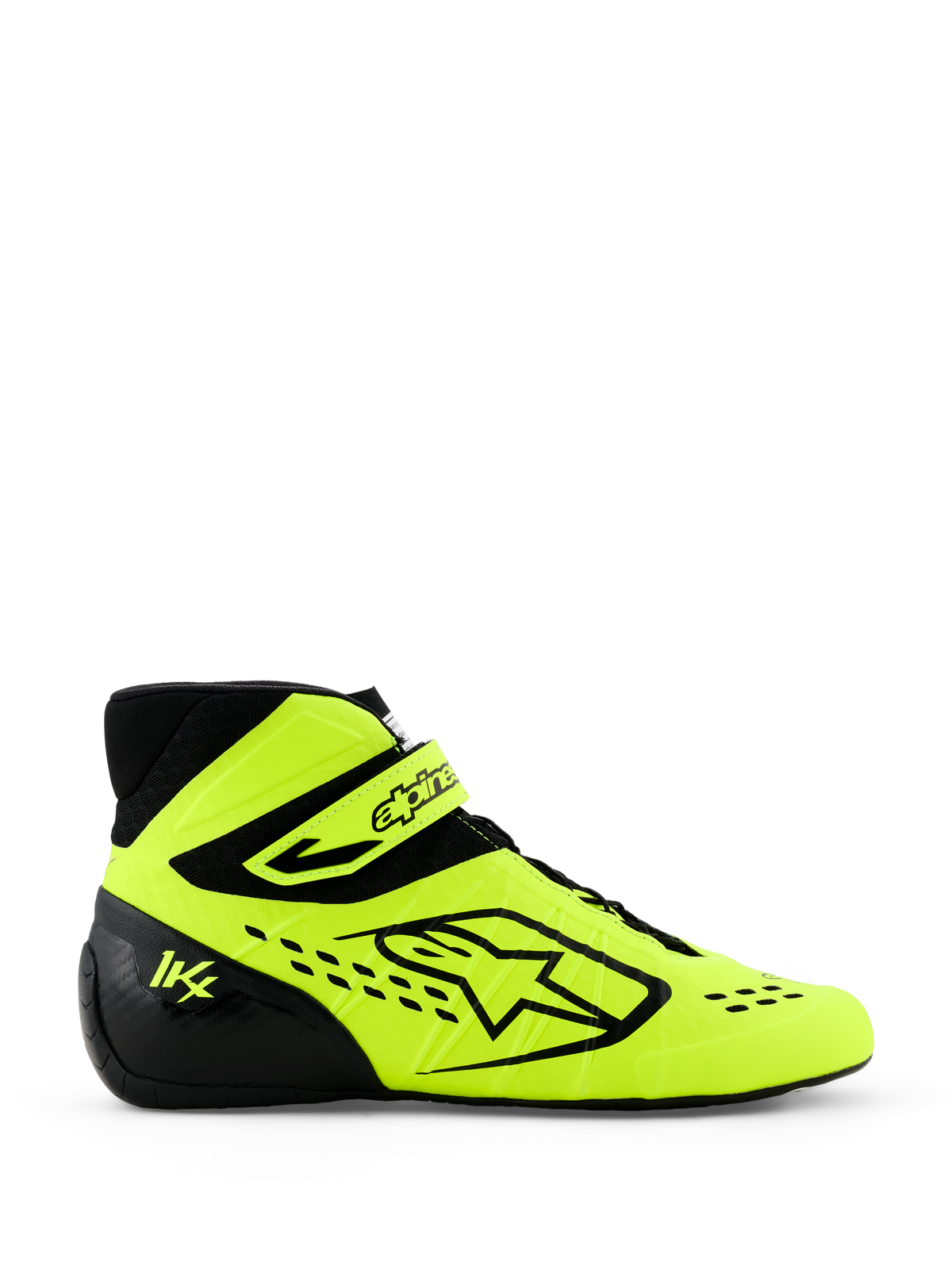 Alpinestars Tech-1 KX V3 Karting Shoes, Yellow Fluo and Black, side profile view featuring bold Alpinestars logo, adjustable ankle strap, and laser-cut perforations for breathability, professional motorsport footwear.