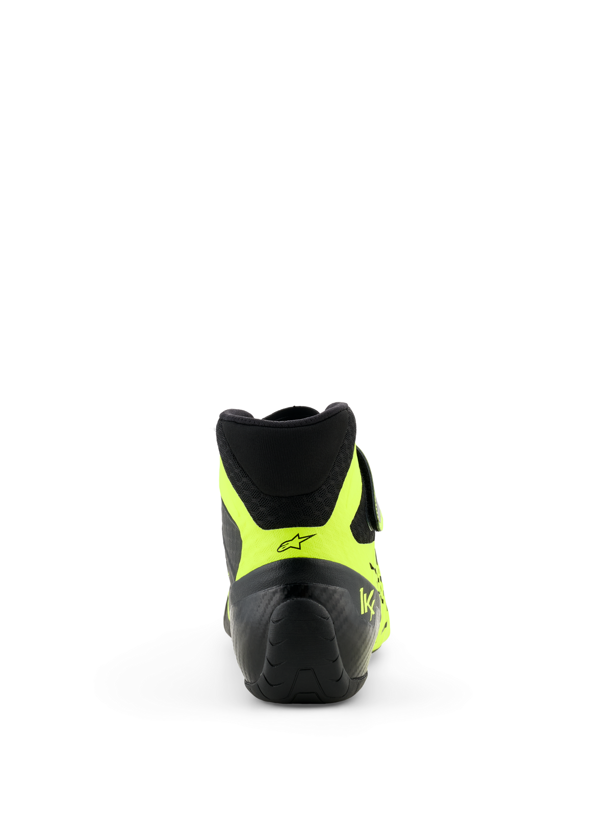 Alpinestars Tech-1 KX V3 Shoes - FIA, Black and Yellow Fluo, Rear view focusing on the heel, neon yellow accents with black star logo and KX branding, professional karting footwear