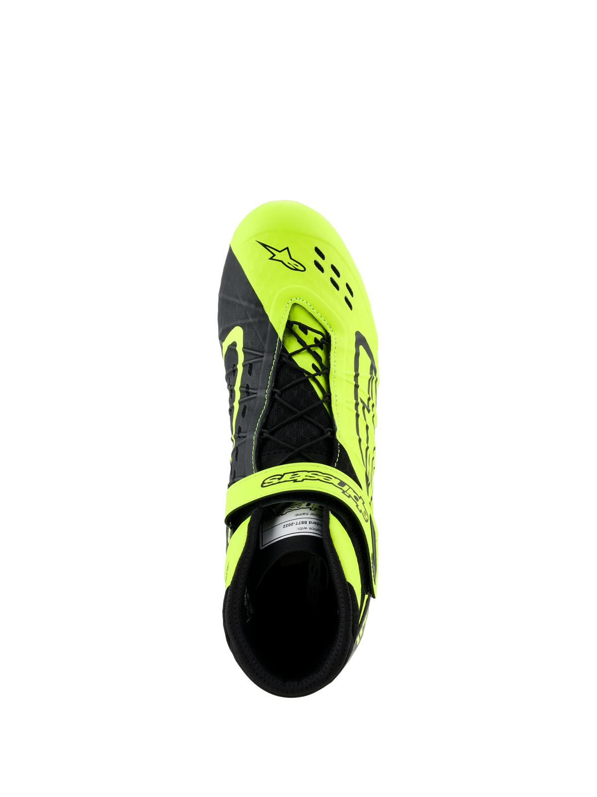 Alpinestars Tech-1 KX V3 Shoes, Karting Shoes, Black and Yellow Fluo, top-down view showing asymmetric lacing system and adjustable strap, featuring laser-cut perforations for breathability, designed for kart racing