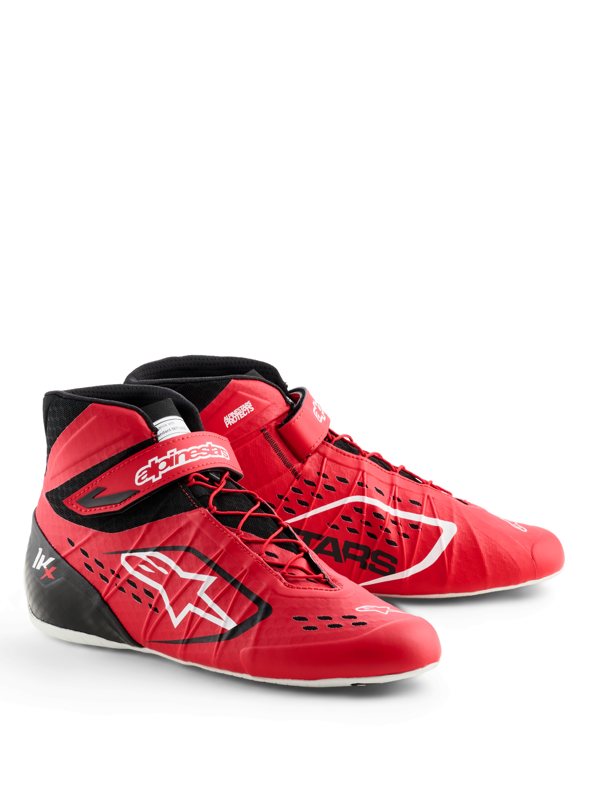 Alpinestars Tech-1 KX V3 Schuhe, Kart-Schuhe, Rot und Schwarz, mit asymmetrischer Schnürung und Klettverschluss am Knöchel, weißem Alpinestars-Branding, lasergeschnittenen Lufteinlässen und einer leichten, nahtlosen Konstruktion für professionelle Motorsport-Leistung.