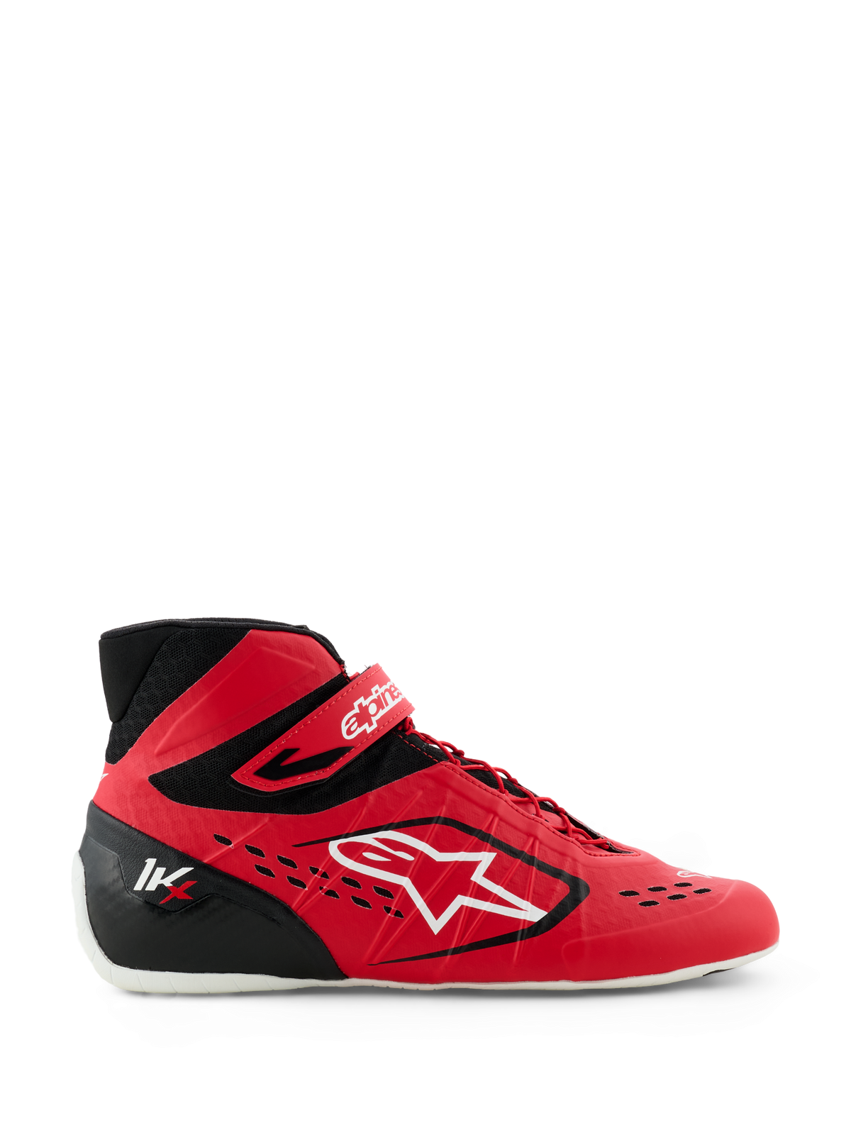 Alpinestars Tech-1 KX V3 Karting Shoes, Red and Black, side profile view with large white Alpinestars logo, asymmetric lacing system, velcro ankle strap, and lightweight seamless design for motorsport performance