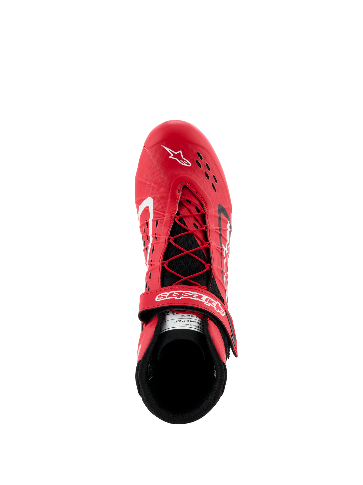 Alpinestars Tech-1 KX V3 Shoes - FIA, Red and Black Karting Shoes, top-down view showing asymmetric lacing system and adjustable velcro strap, perforated upper for breathability, lightweight performance racing footwear
