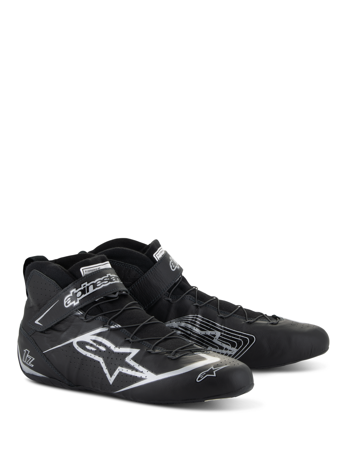 Alpinestars Tech-1 Z V3 Schuhe FIA, Auto-Rennschuhe, Schwarz und Silber, hochwertiges Rindsleder mit silbernem Alpinestars Stern-Logo, schlankes, niedrig geschnittenes Profil mit Schnellschnürsystem und Klettverschluss