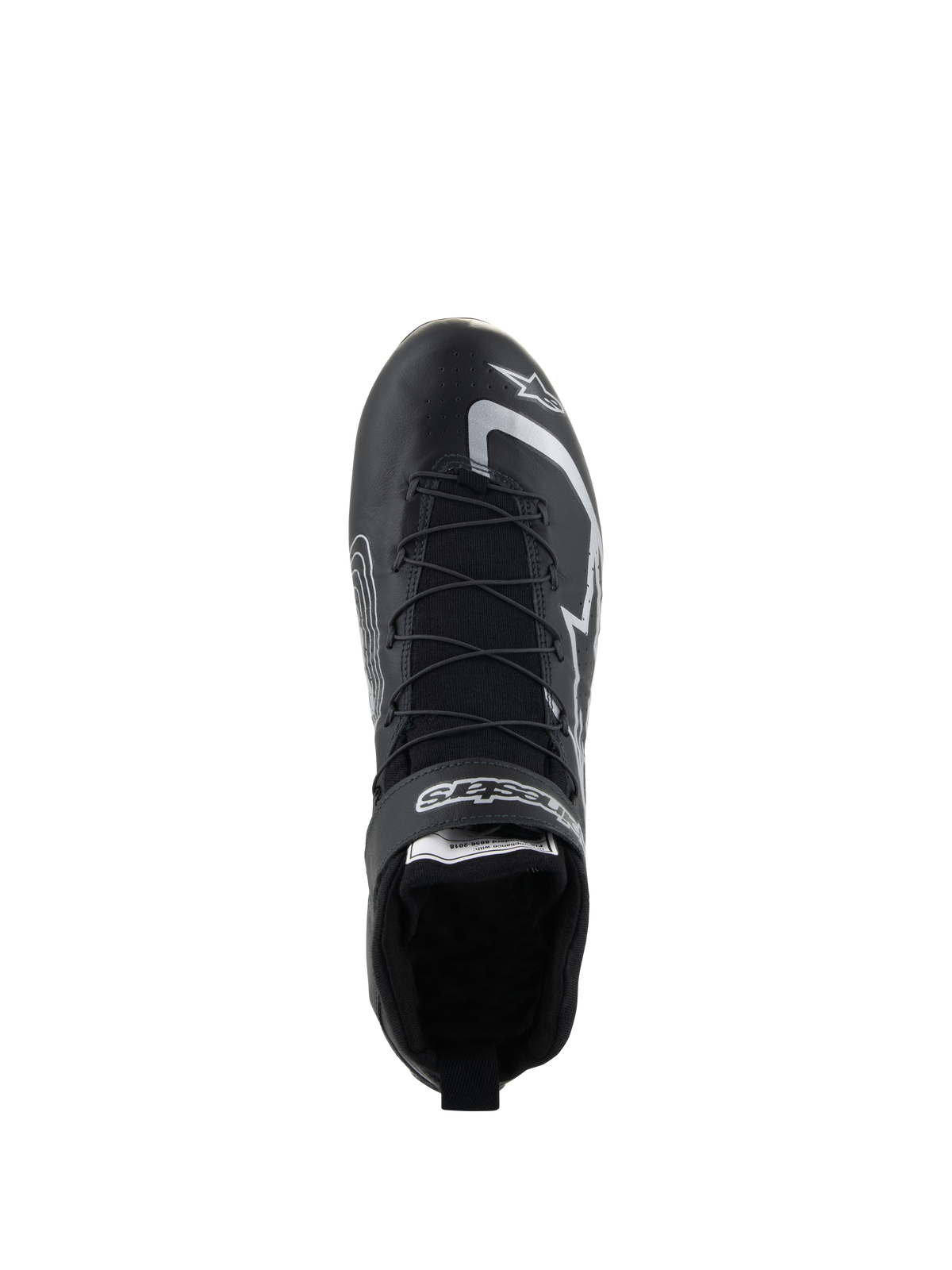 Alpinestars Tech-1 Z V3 Schuhe FIA, Auto-Rennschuhe, Schwarz und Silber, Draufsicht mit Schnellschnürsystem und Alpinestars-Branding, professionelles Motorsport-Schuhwerk aus Rindsleder