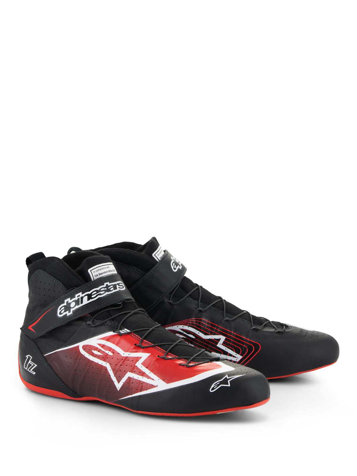 Alpinestars Tech-1 Z V3 Schuhe FIA, Autorennschuhe, Schwarz mit roten und weißen Akzenten, großes weißes Stern-Logo an der Seite, dünne rote Sohlen, Präzisions-Drahtschnürsystem mit Knöchelriemen