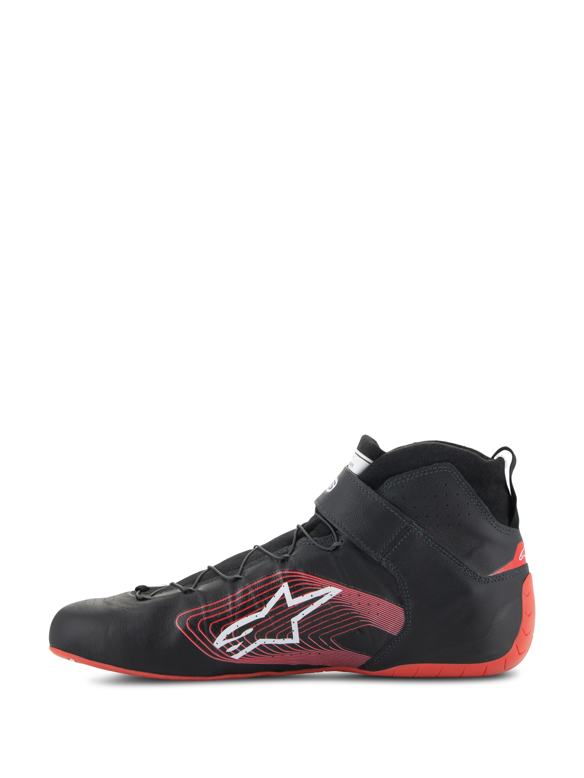 Alpinestars Tech-1 Z V3 FIA Schuhe, Autorenn-Schuhe, Schwarz und Rot, Seitenansicht, Premium-Lederkonstruktion mit roter Fersenkappe, weißes Astars-Logo mit roter linearer Grafik, Knöchelriemen und dünne Schnürsenkel