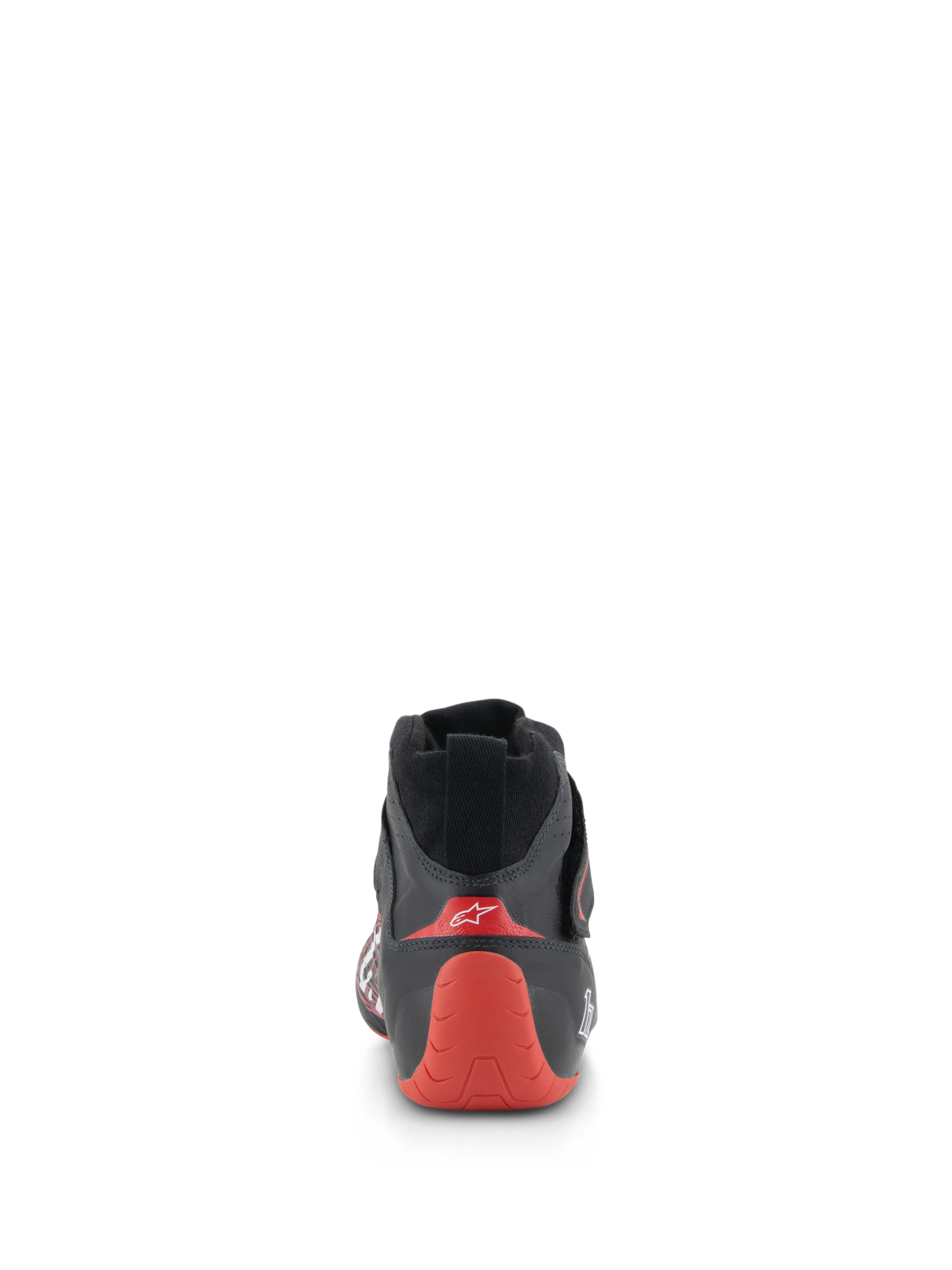 Alpinestars Tech-1 Z V3 Schuhe FIA, Auto-Rennschuhe, Schwarz und Rot, Rückansicht mit Fokus auf die rote thermogeformte Fersenkappe mit weißem Logo, schwarze Lederkonstruktion, professionelles Motorsport-Schuhwerk