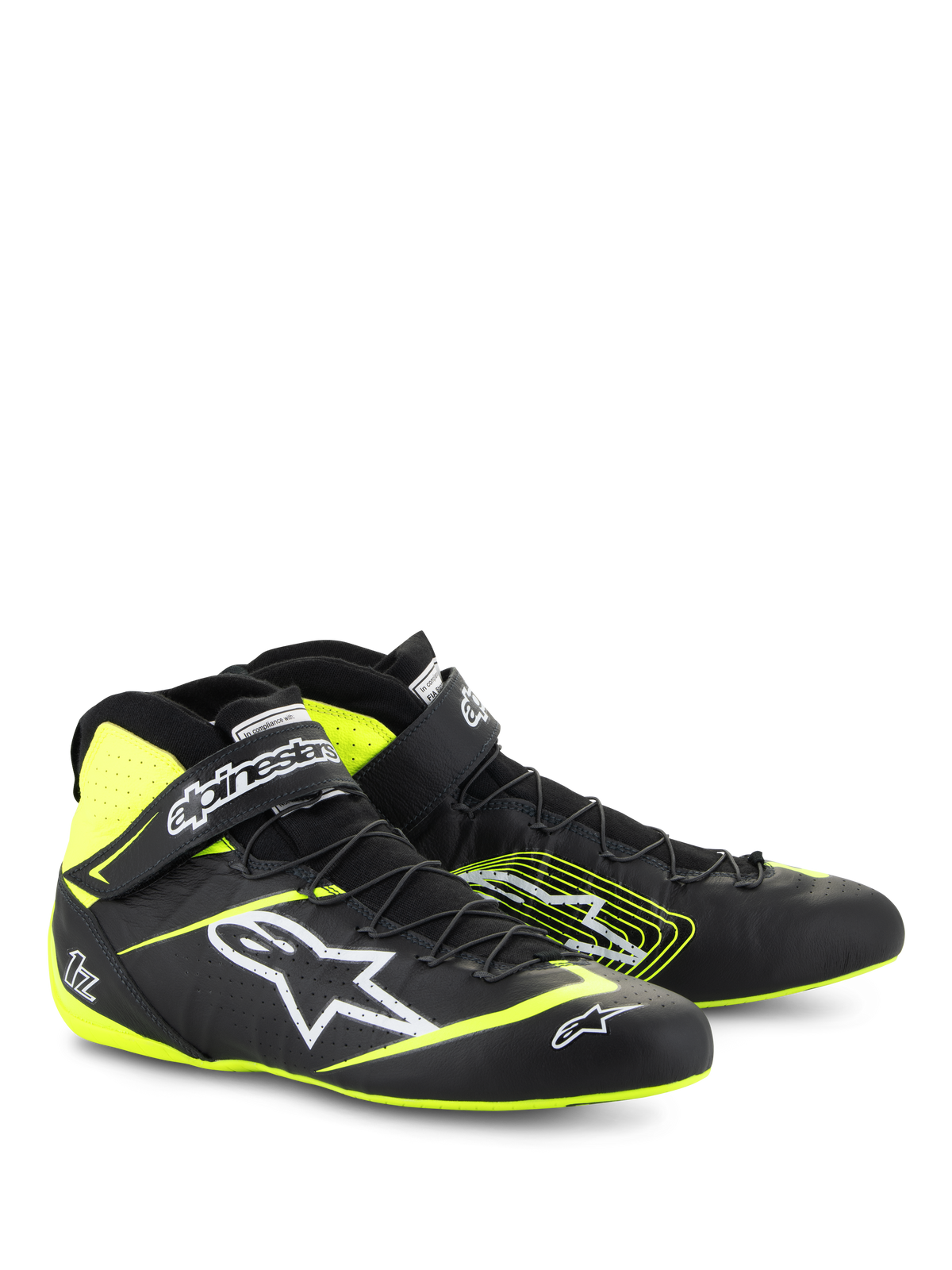 Alpinestars Tech-1 Z V3 Schuhe FIA, Auto-Rennschuhe, Schwarz und Neongelb, mit weißem Astars-Logo, Schnellschnürsystem und Knöchelriemen, High-Top-Lederdesign für professionellen Motorsport
